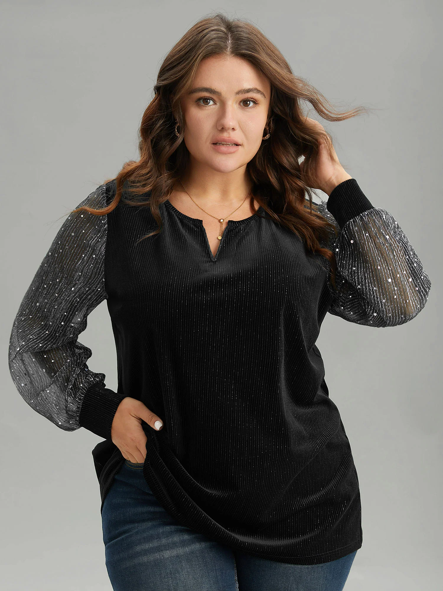 Velvet Patchwork Mesh Sequin Notched T-shirt - Image 6