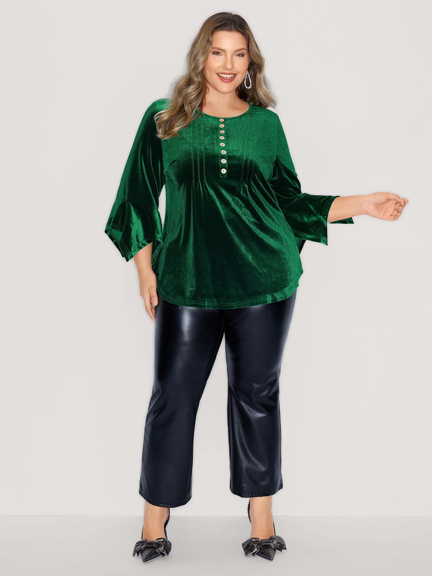 Velvet Pleated Button Neckline Blouse - Image 3