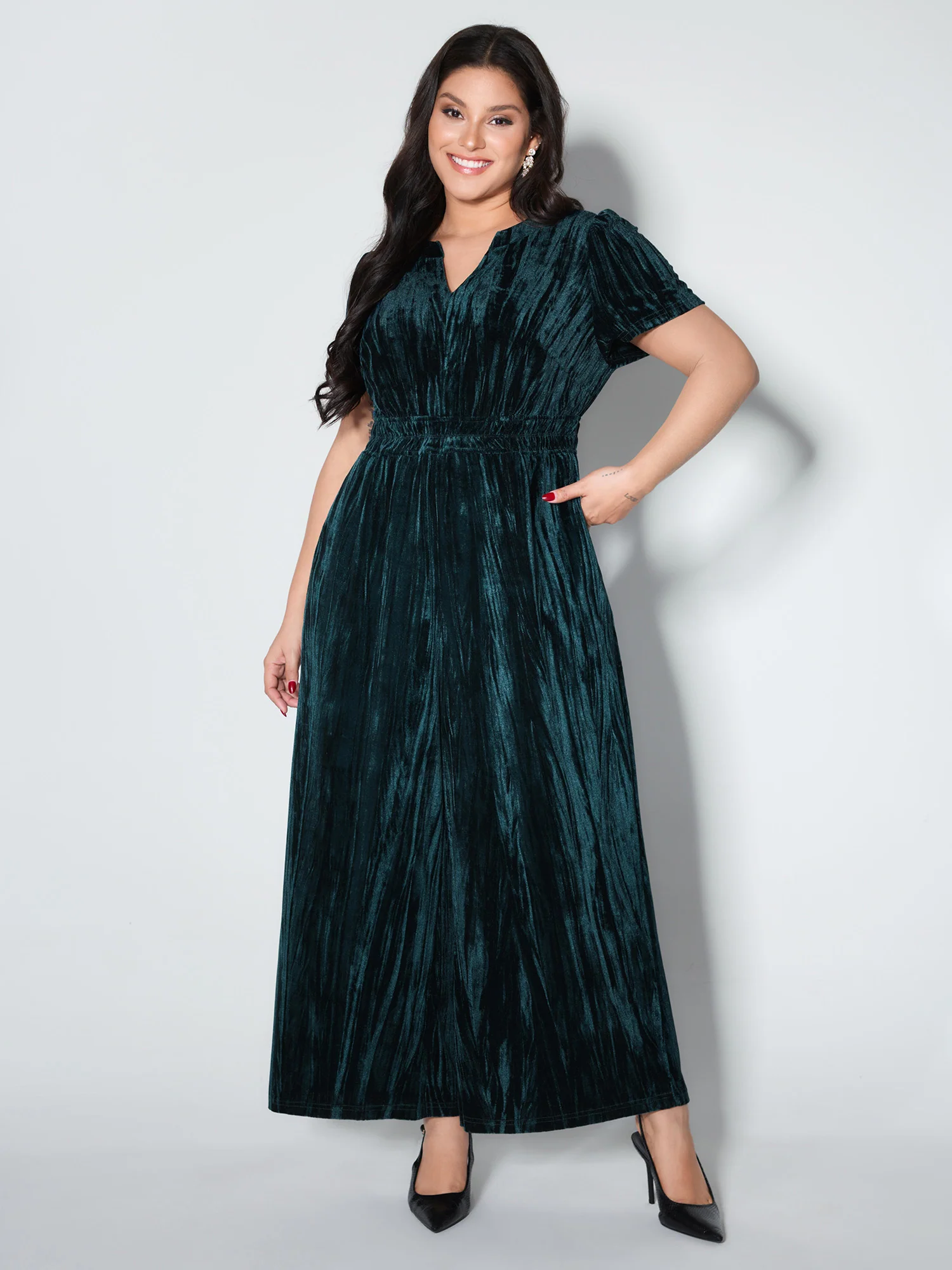 Velvet Pleated Waist Notched-Collar Jumpsuit - Image 2
