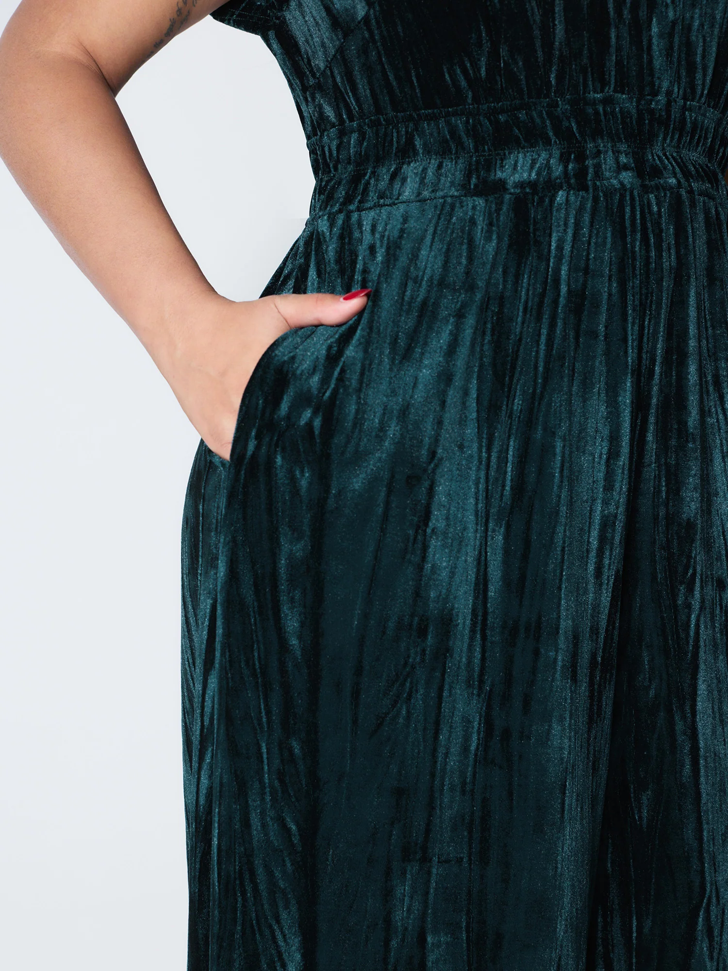 Velvet Pleated Waist Notched-Collar Jumpsuit - Image 4