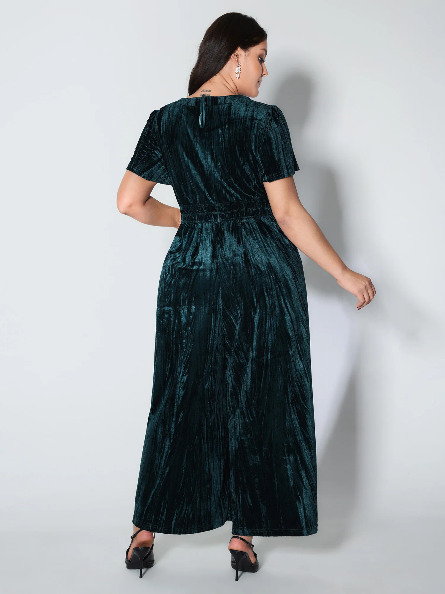 Velvet Pleated Waist Notched-Collar Jumpsuit - Image 5