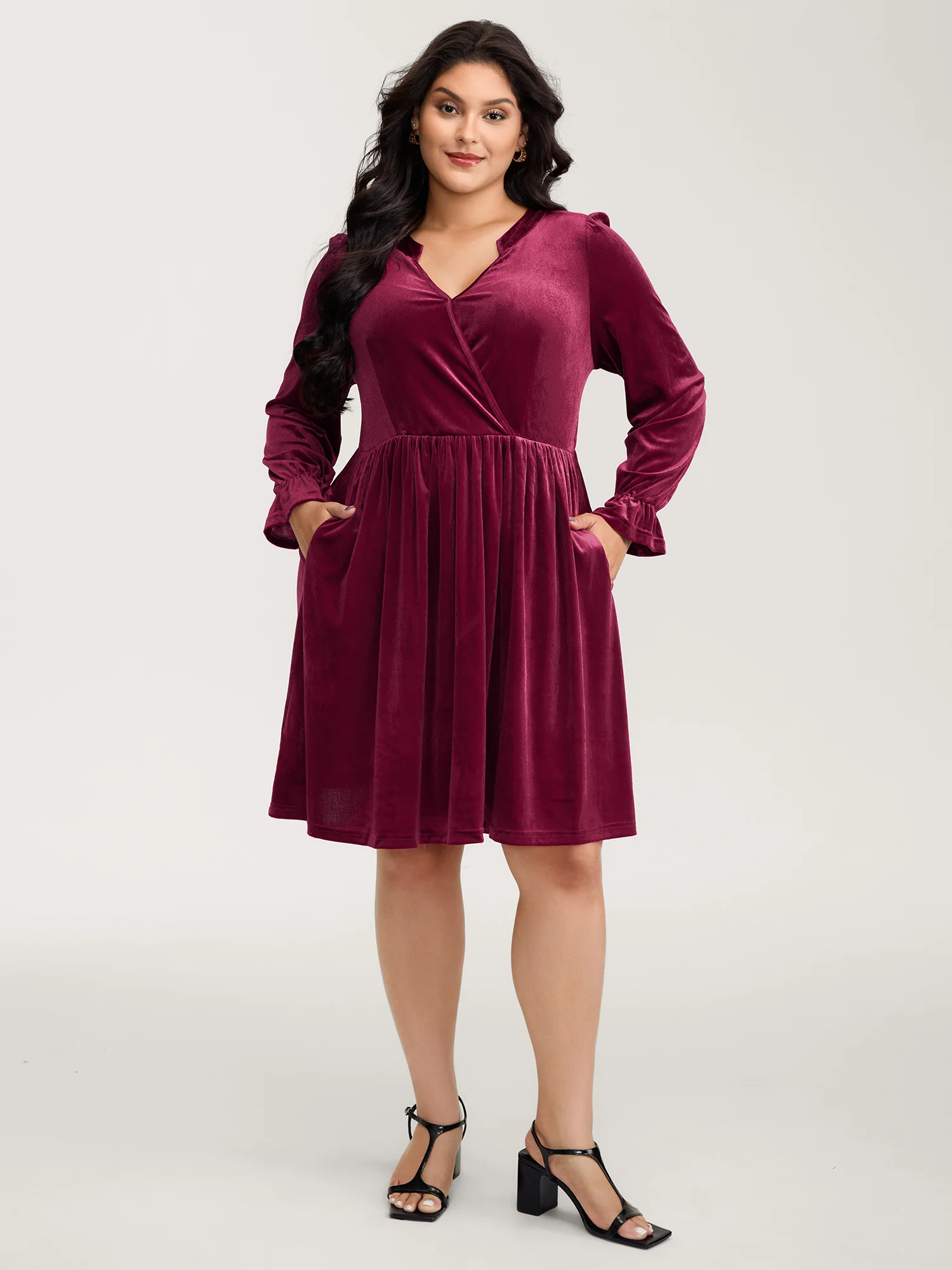 Velvet Pockets Wrap Neck Midi Dress - Image 3