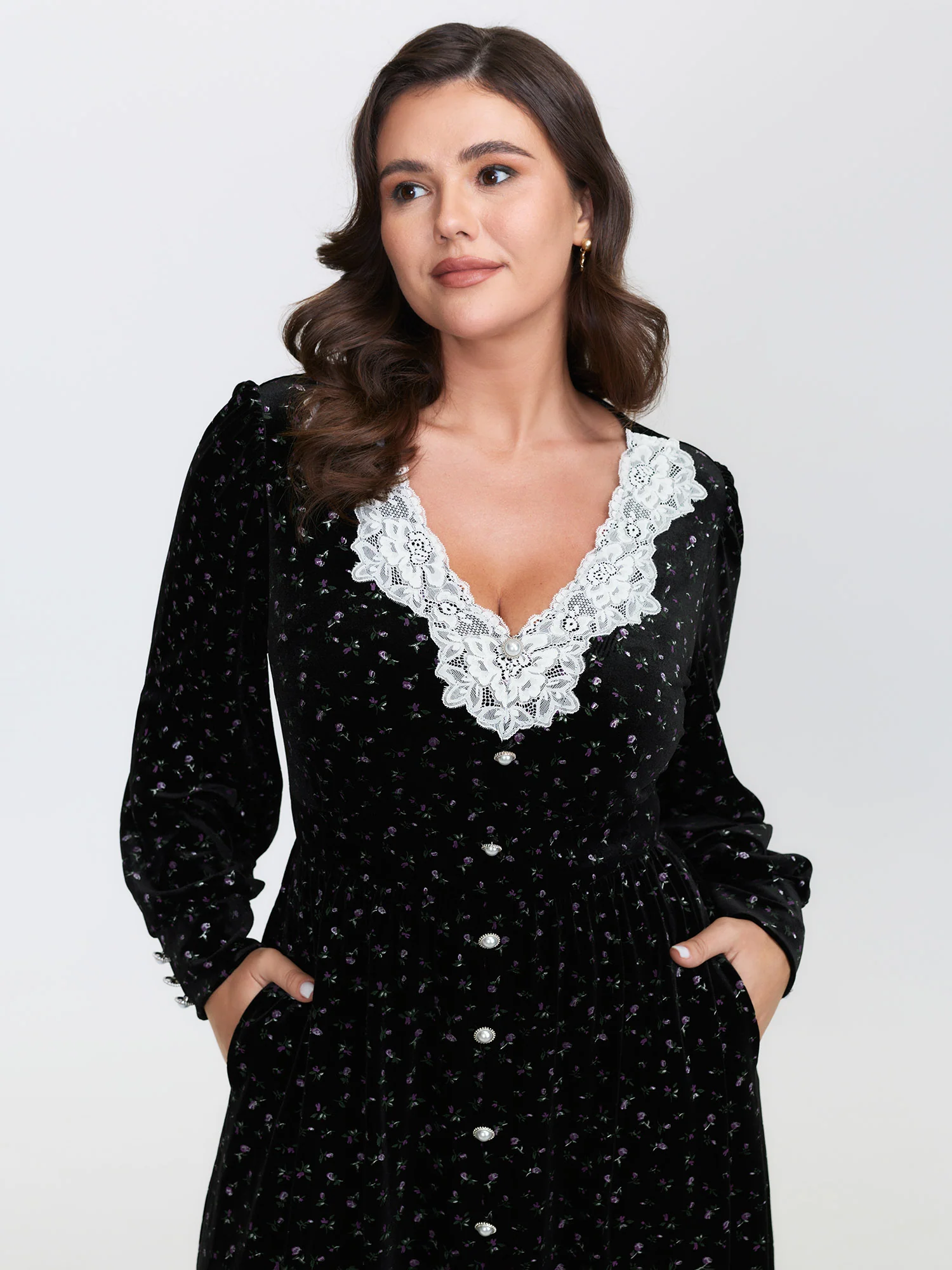 Velvet Print Lace Neckline Midi Dress - Image 2