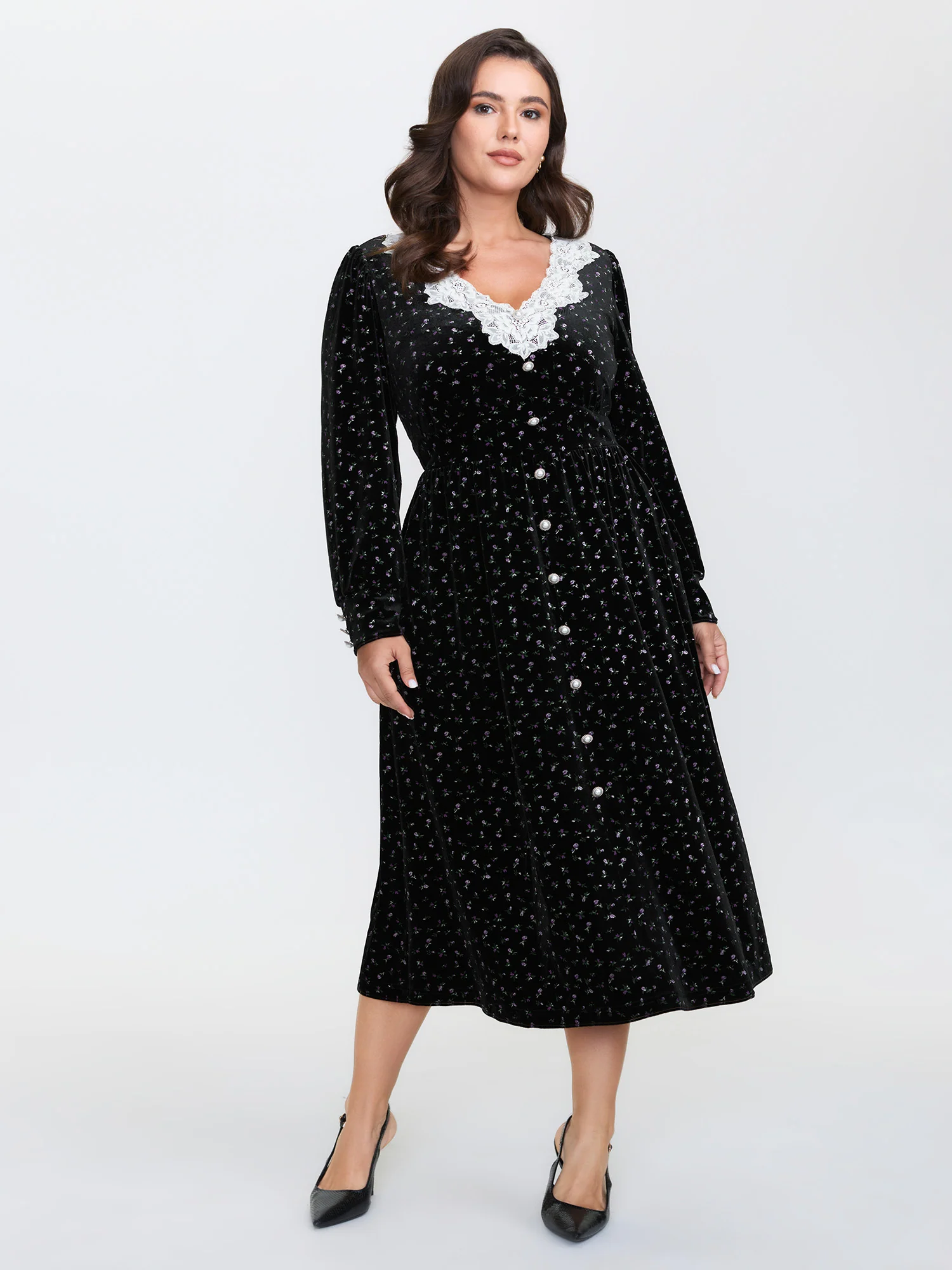 Velvet Print Lace Neckline Midi Dress - Image 3