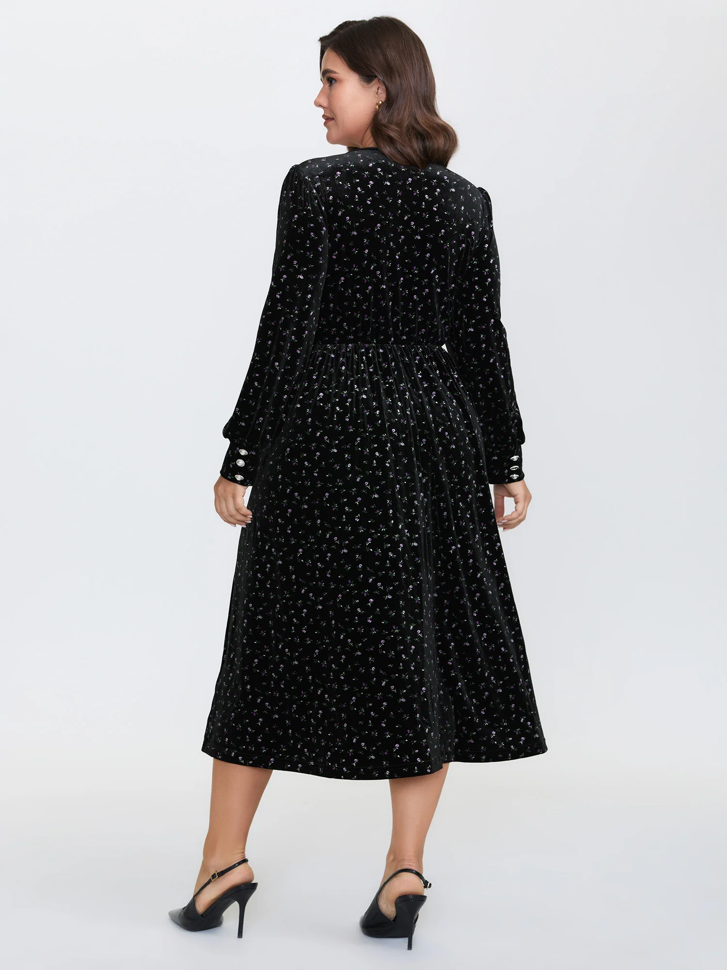 Velvet Print Lace Neckline Midi Dress - Image 4