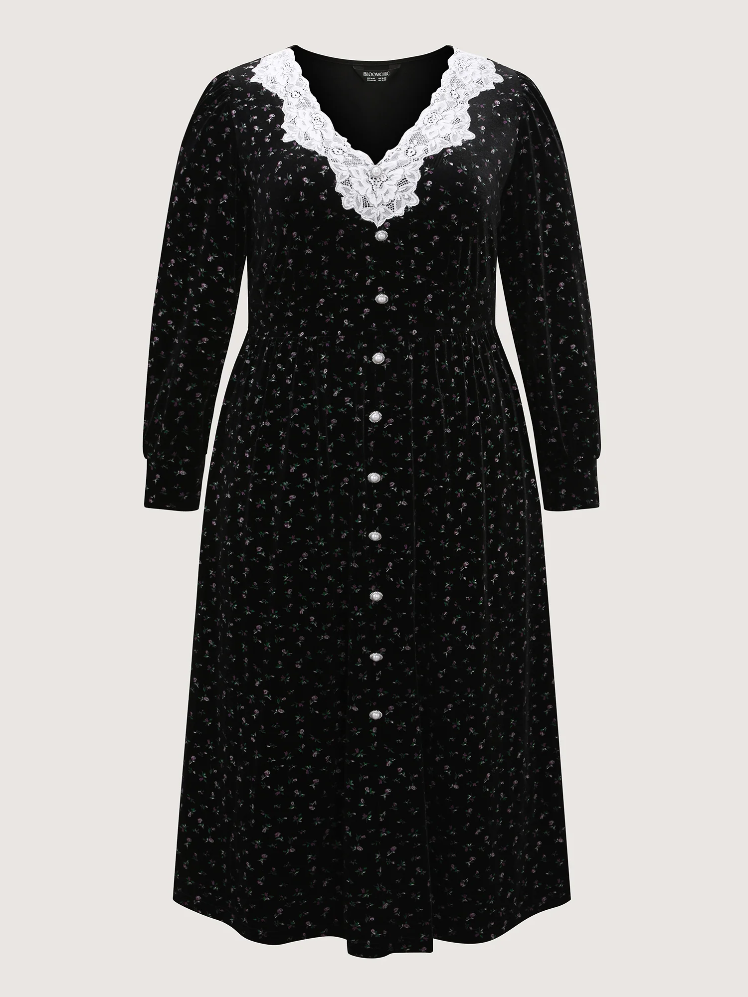 Velvet Print Lace Neckline Midi Dress - Image 7