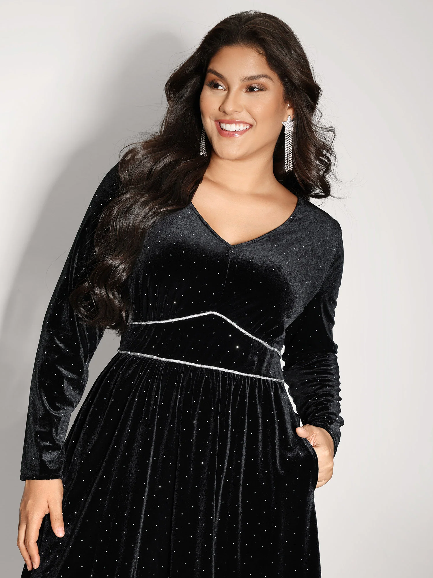Velvet Rhinestone Cinched-Waist Pockets Midi Dress - Image 2