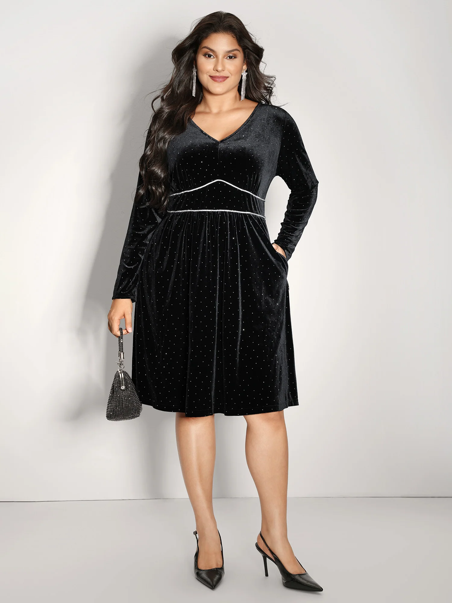 Velvet Rhinestone Cinched-Waist Pockets Midi Dress - Image 3