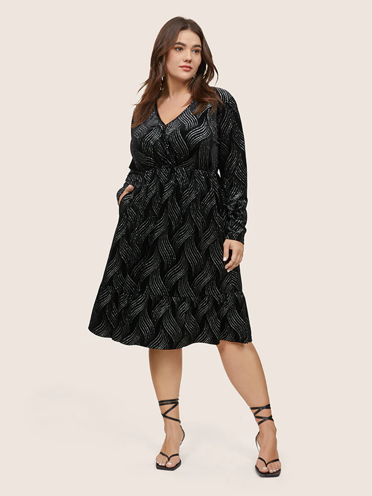 Velvet Rhinestone Pocket Overlap Collar Dress - Image 2
