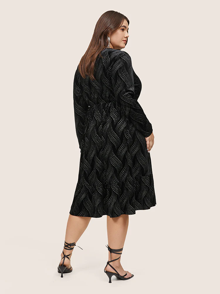 Velvet Rhinestone Pocket Overlap Collar Dress - Image 3