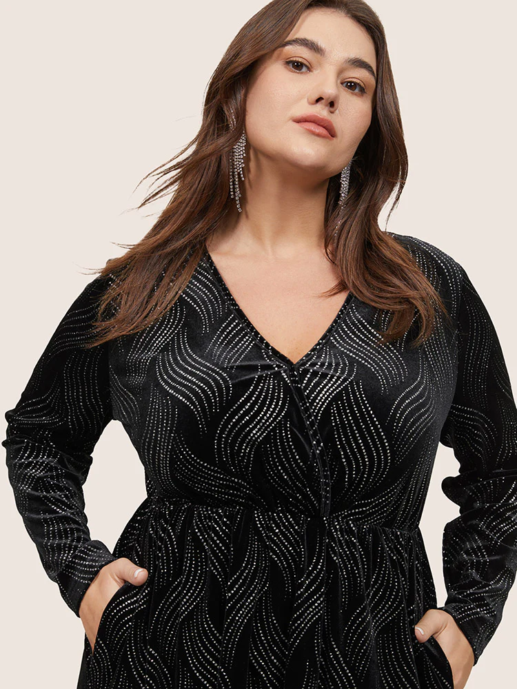 Velvet Rhinestone Pocket Overlap Collar Dress - Image 4