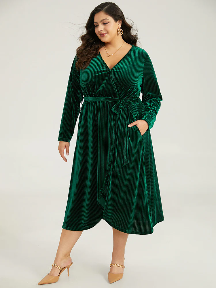 Velvet Rib Knit Wrap Hem Pocket Belted Dress - Image 2
