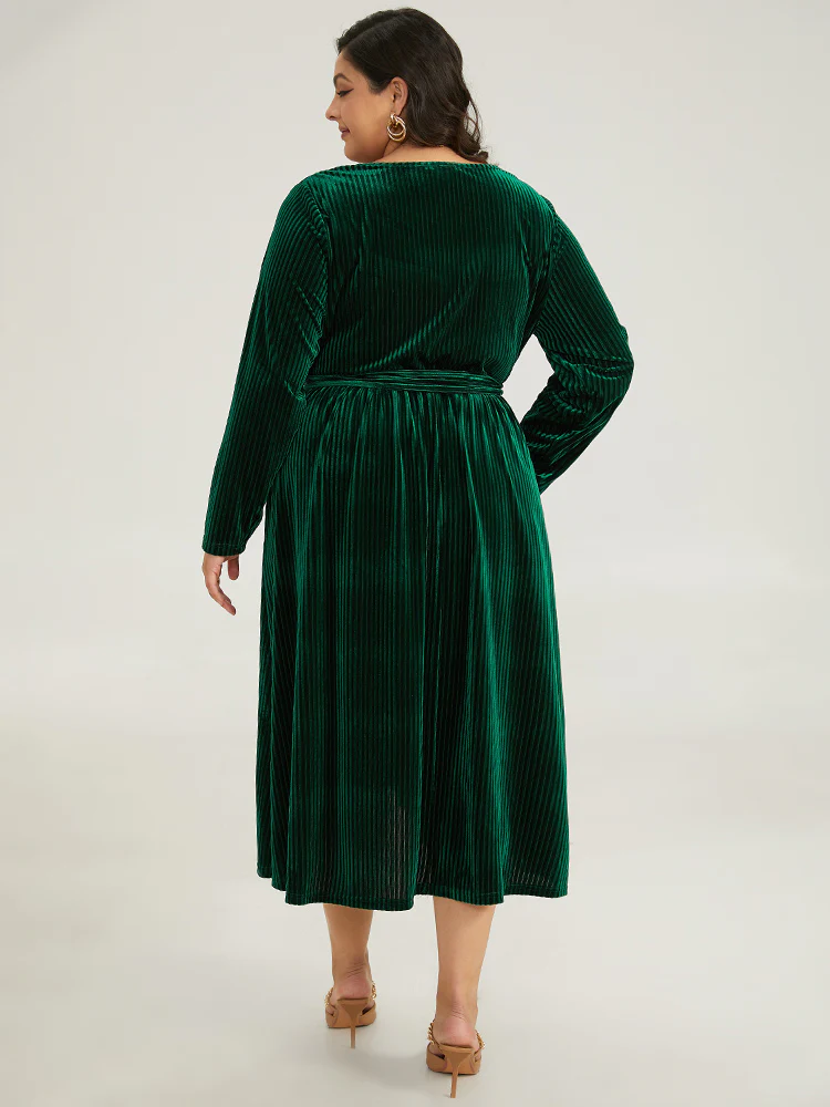 Velvet Rib Knit Wrap Hem Pocket Belted Dress - Image 3
