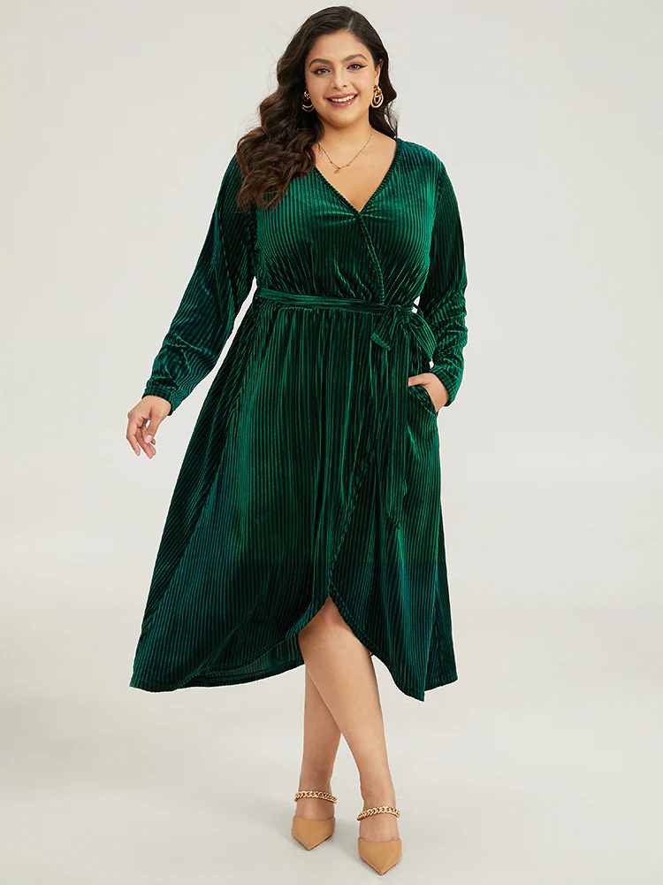 Velvet Rib Knit Wrap Hem Pocket Belted Dress - Image 4
