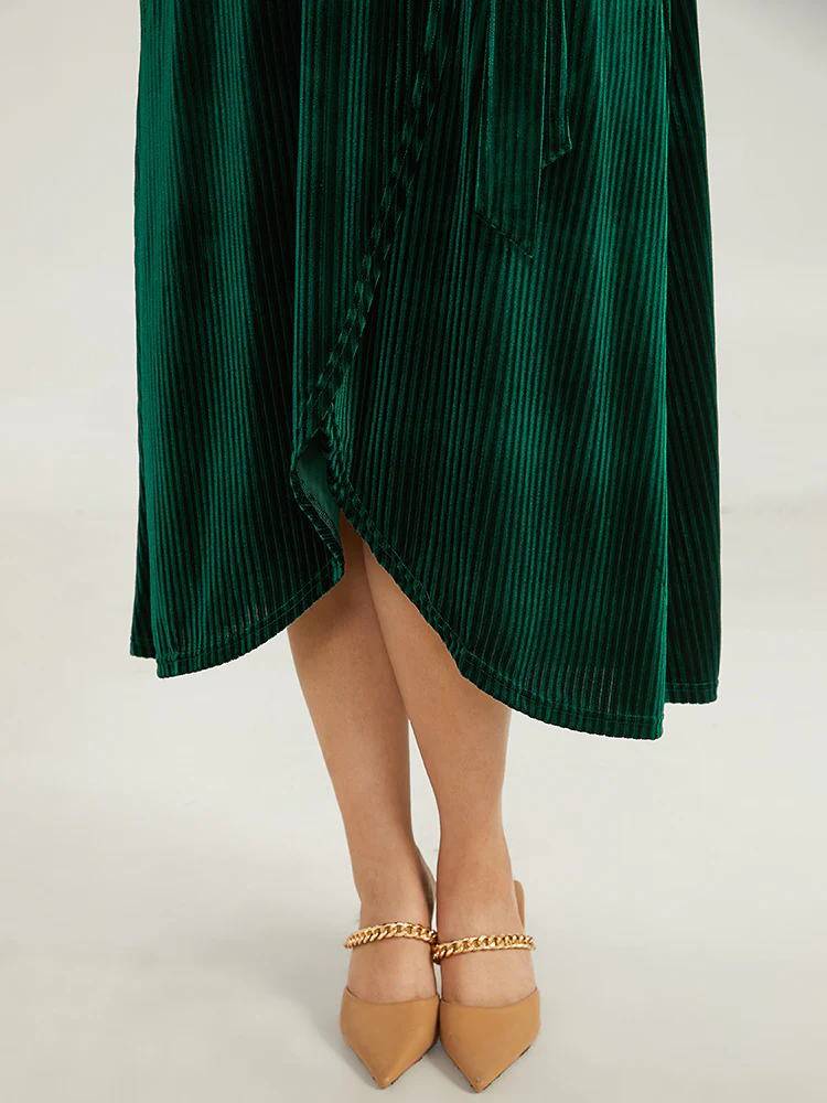 Velvet Rib Knit Wrap Hem Pocket Belted Dress - Image 6