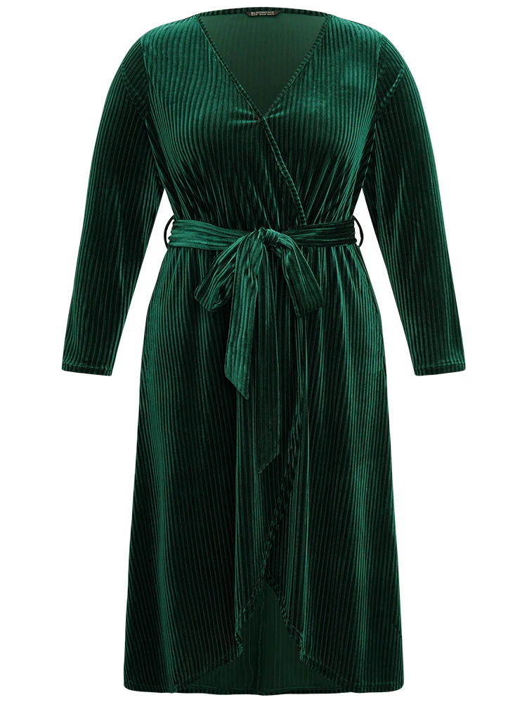 Velvet Rib Knit Wrap Hem Pocket Belted Dress - Image 7