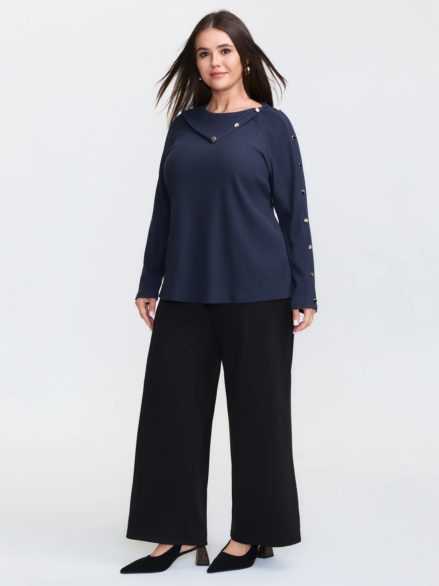 Velvet Ribbed Folded Neckline Button Knit Top - Image 2