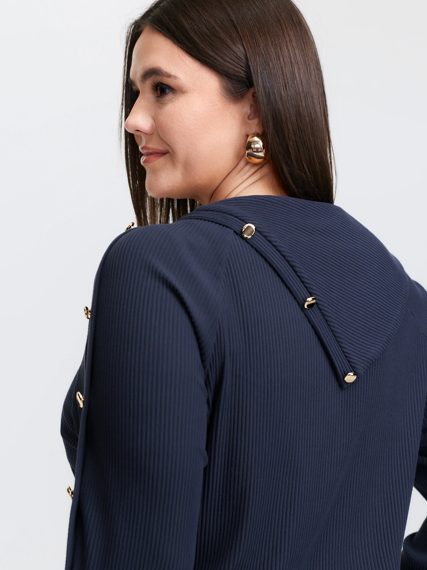 Velvet Ribbed Folded Neckline Button Knit Top - Image 3