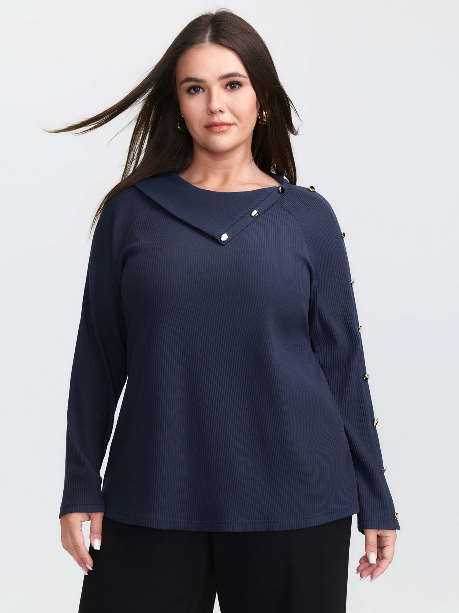 Velvet Ribbed Folded Neckline Button Knit Top - Image 4