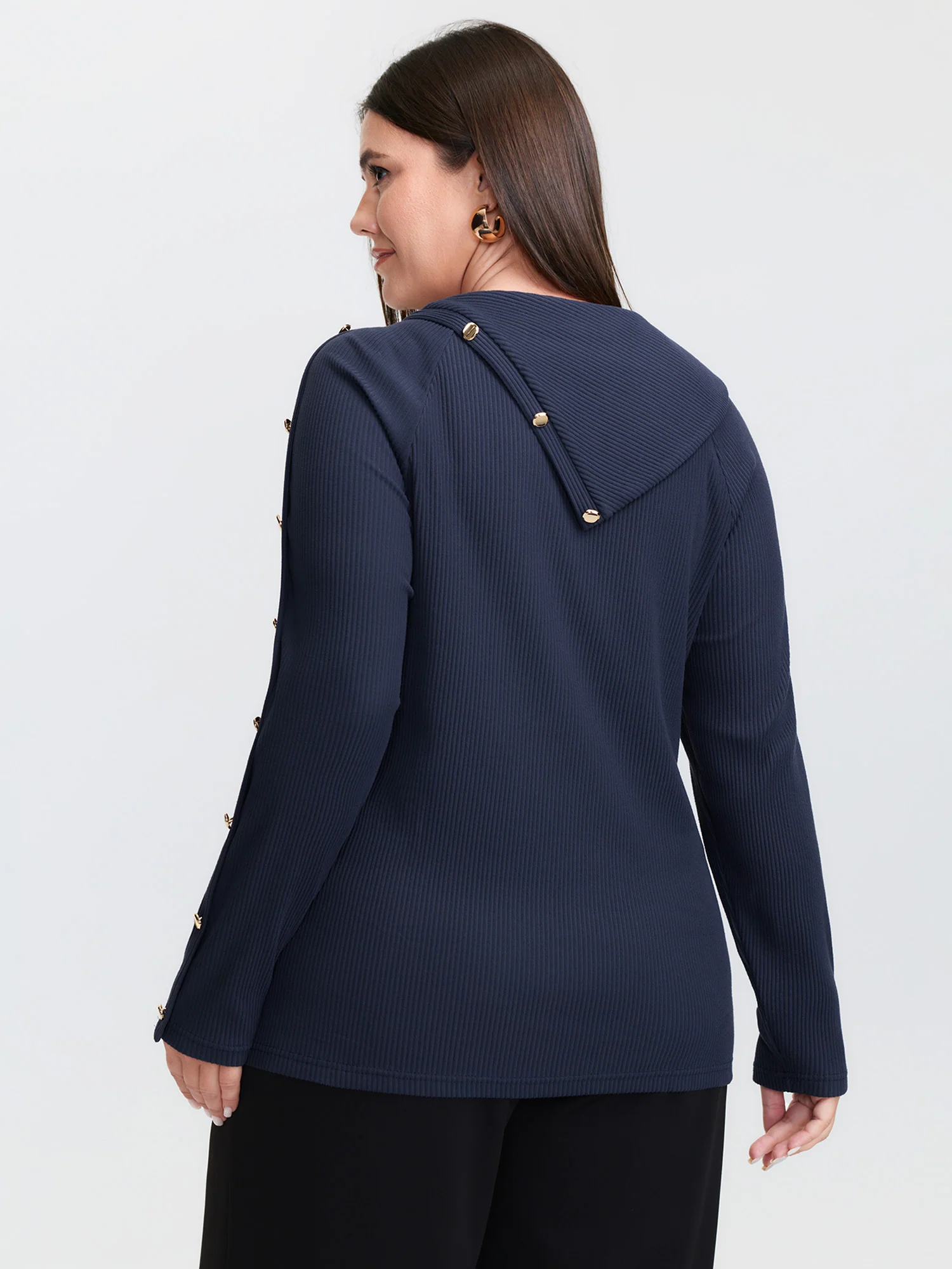 Velvet Ribbed Folded Neckline Button Knit Top - Image 5