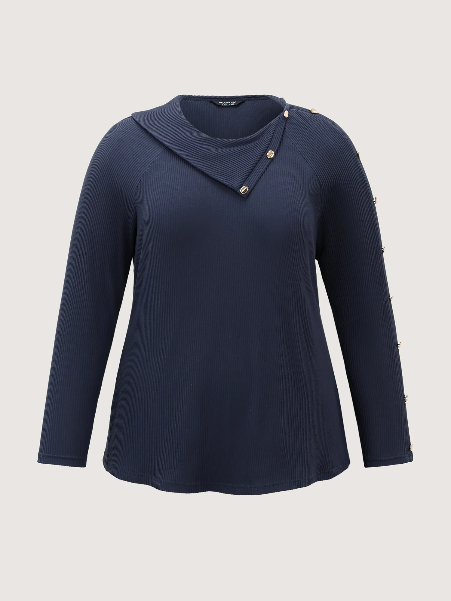 Velvet Ribbed Folded Neckline Button Knit Top - Image 6