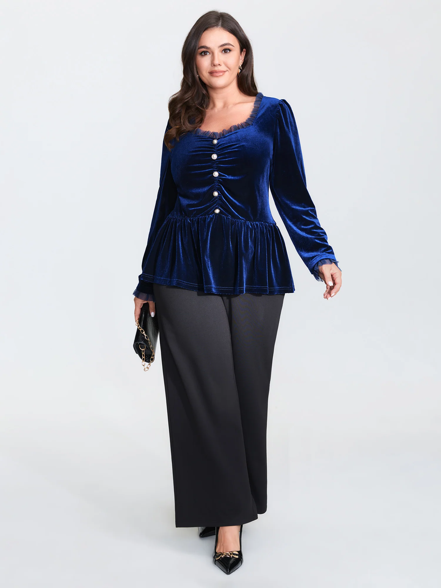 Velvet Ruched Front Fit and Flare Knit Top - Image 3