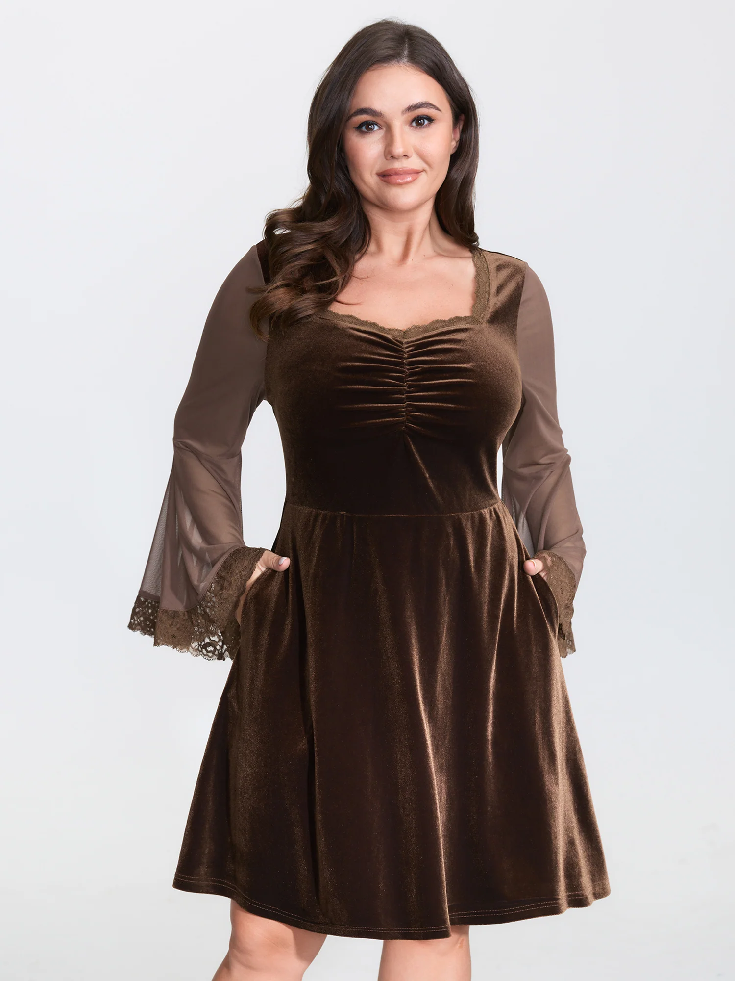 Velvet Ruched Sheer Lace Sleeve Midi Dress - Image 2