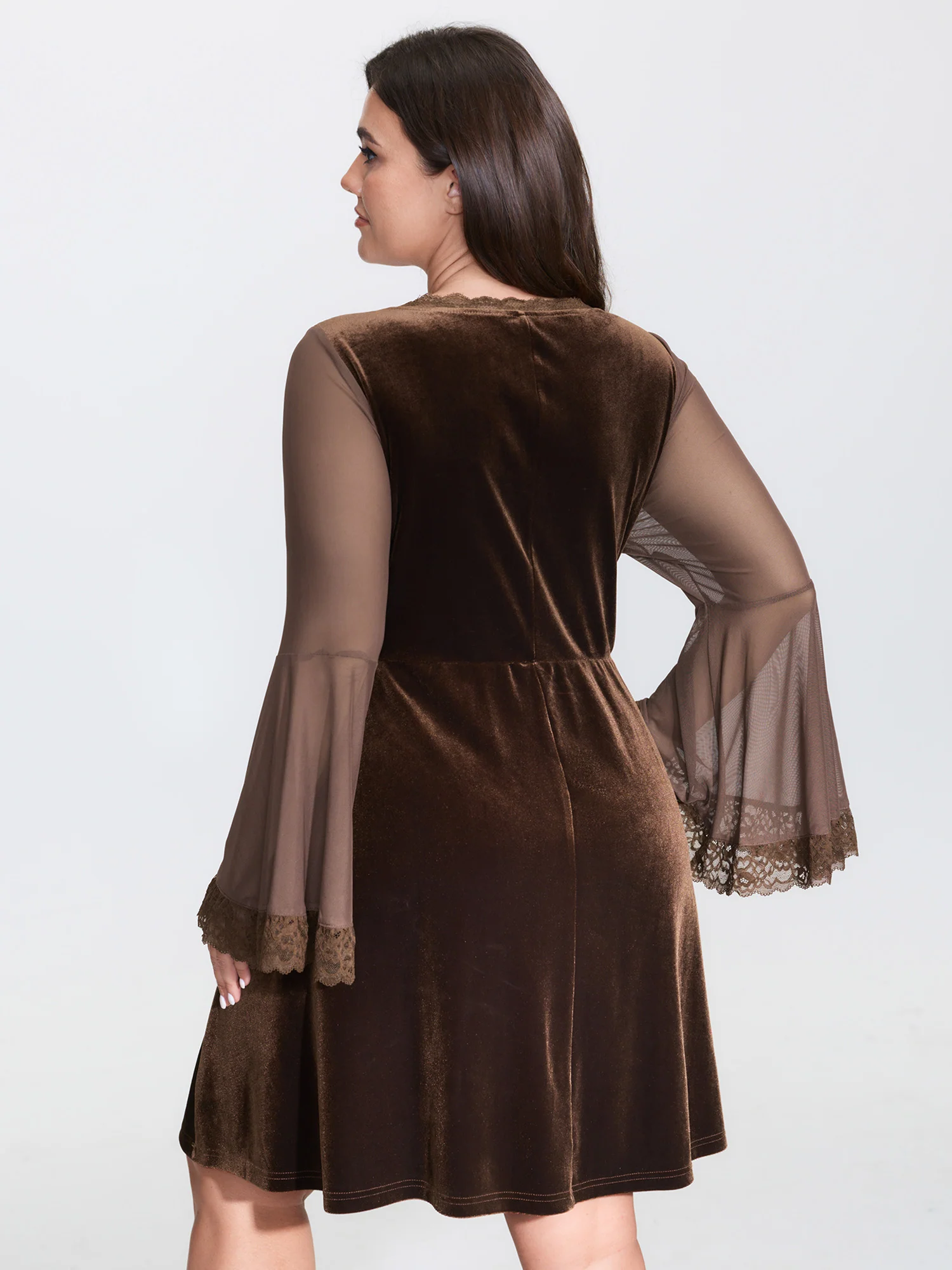 Velvet Ruched Sheer Lace Sleeve Midi Dress - Image 4