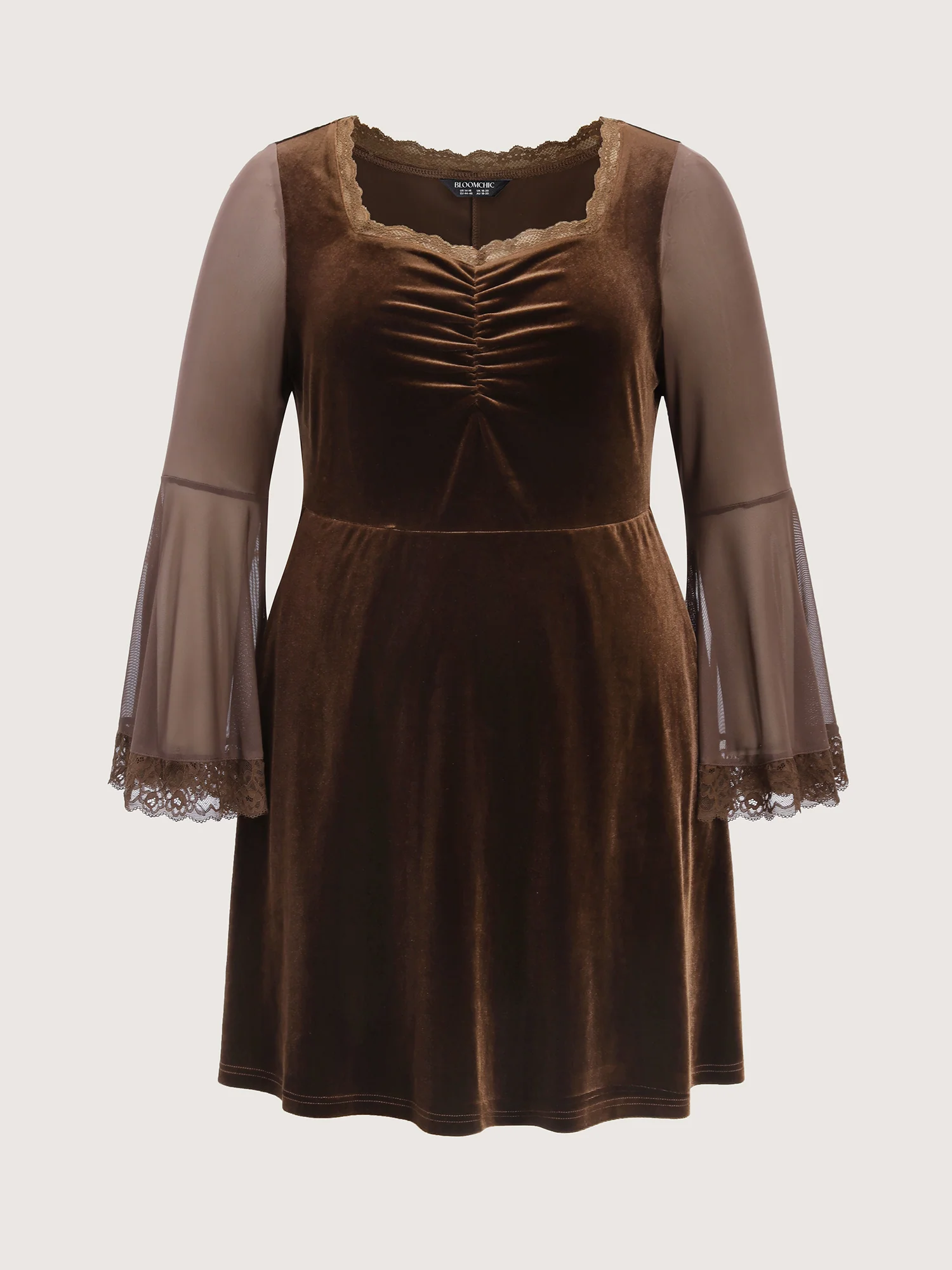 Velvet Ruched Sheer Lace Sleeve Midi Dress - Image 5