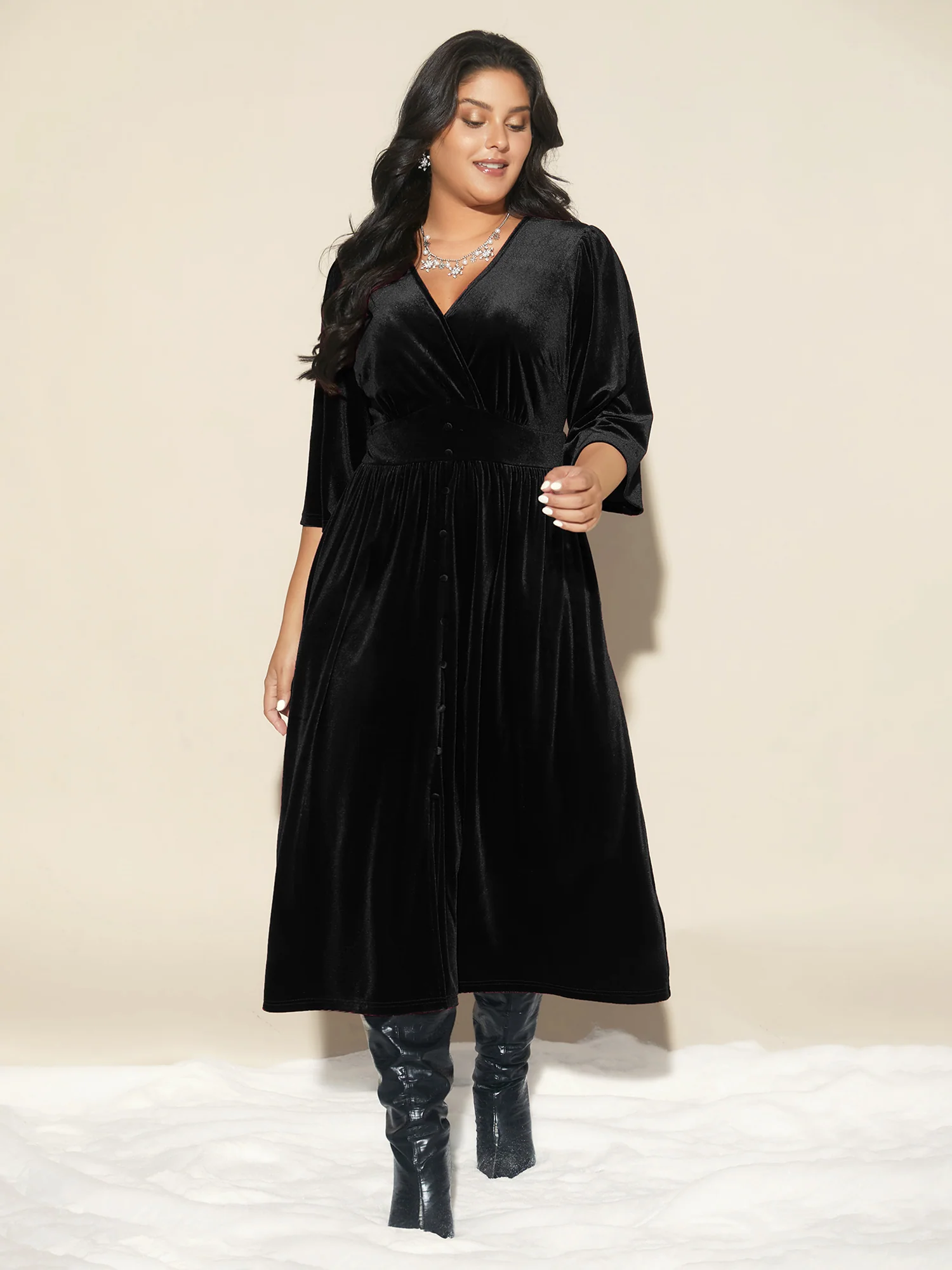 Velvet Ruched Surplice Neckline Midi Dress - Image 3