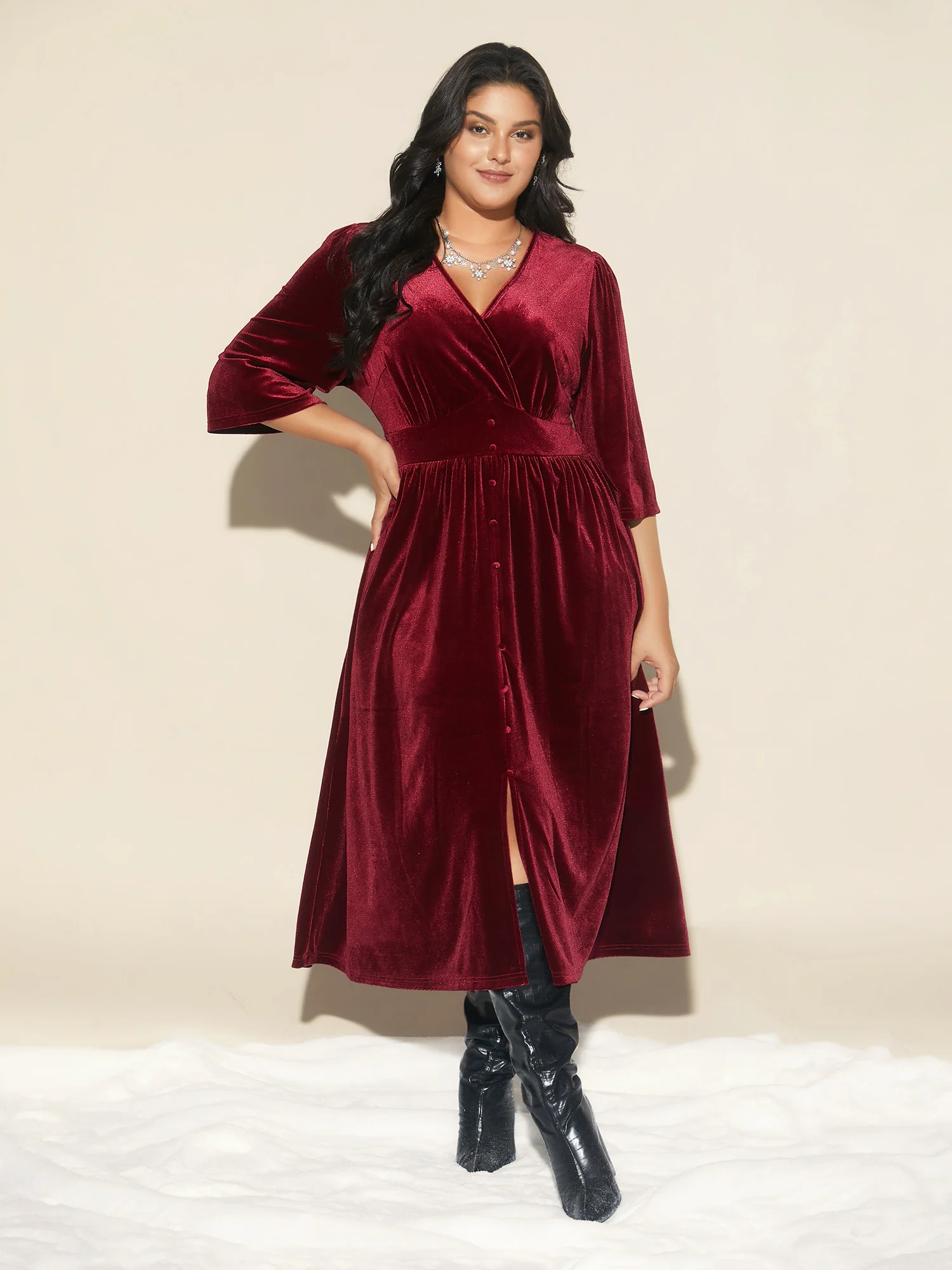 Velvet Ruched Surplice Neckline Midi Dress - Image 5