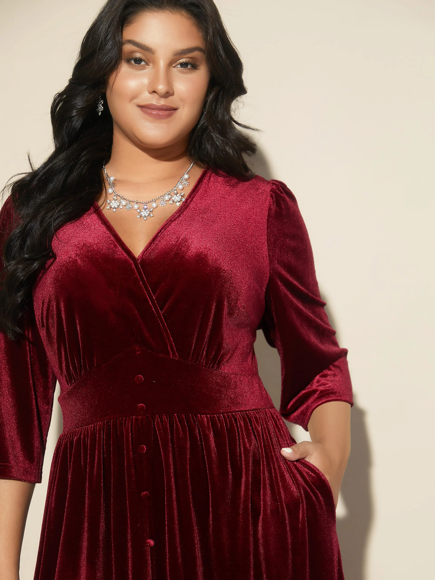 Velvet Ruched Surplice Neckline Midi Dress - Image 6