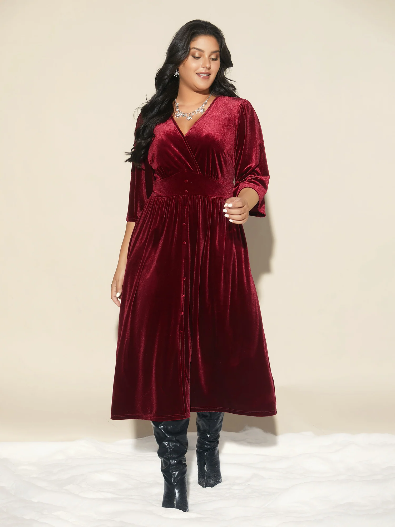 Velvet Ruched Surplice Neckline Midi Dress - Image 7