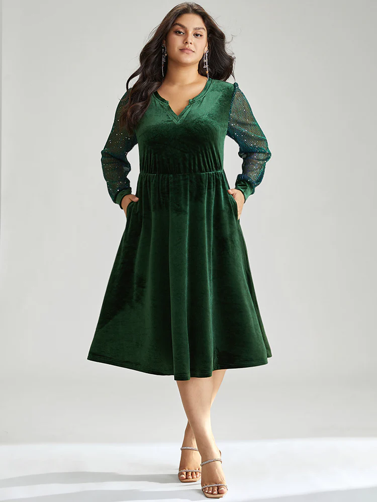 Velvet Sequin Patchwork Elastic Waist Notched Dress - Image 2