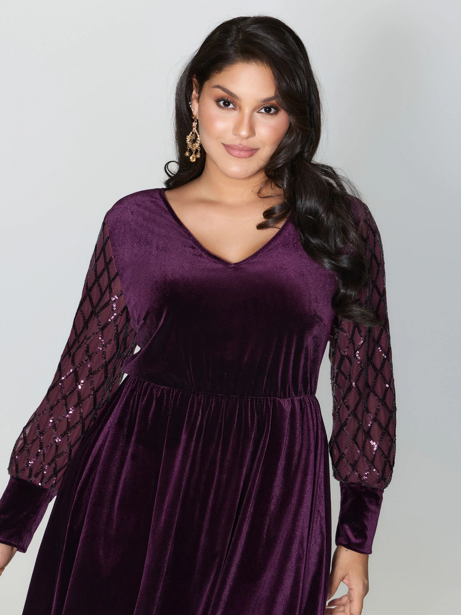 Velvet Sequin Sheer Sleeve Midi Dress - Image 2