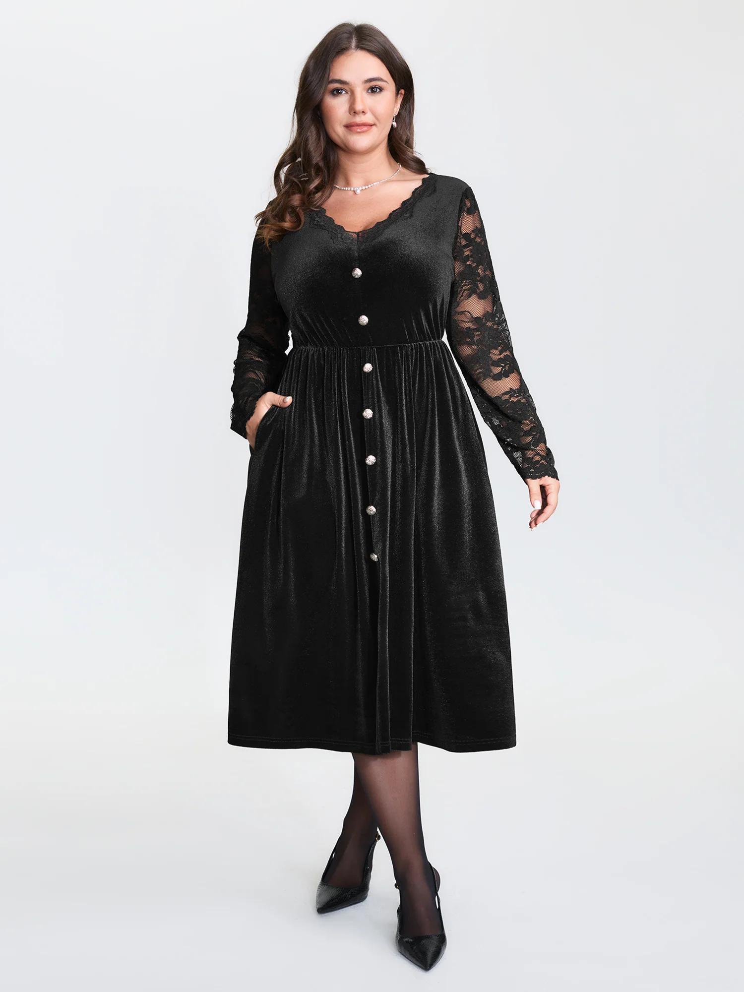 Velvet Sheer Floral Lace Midi Dress - Image 3