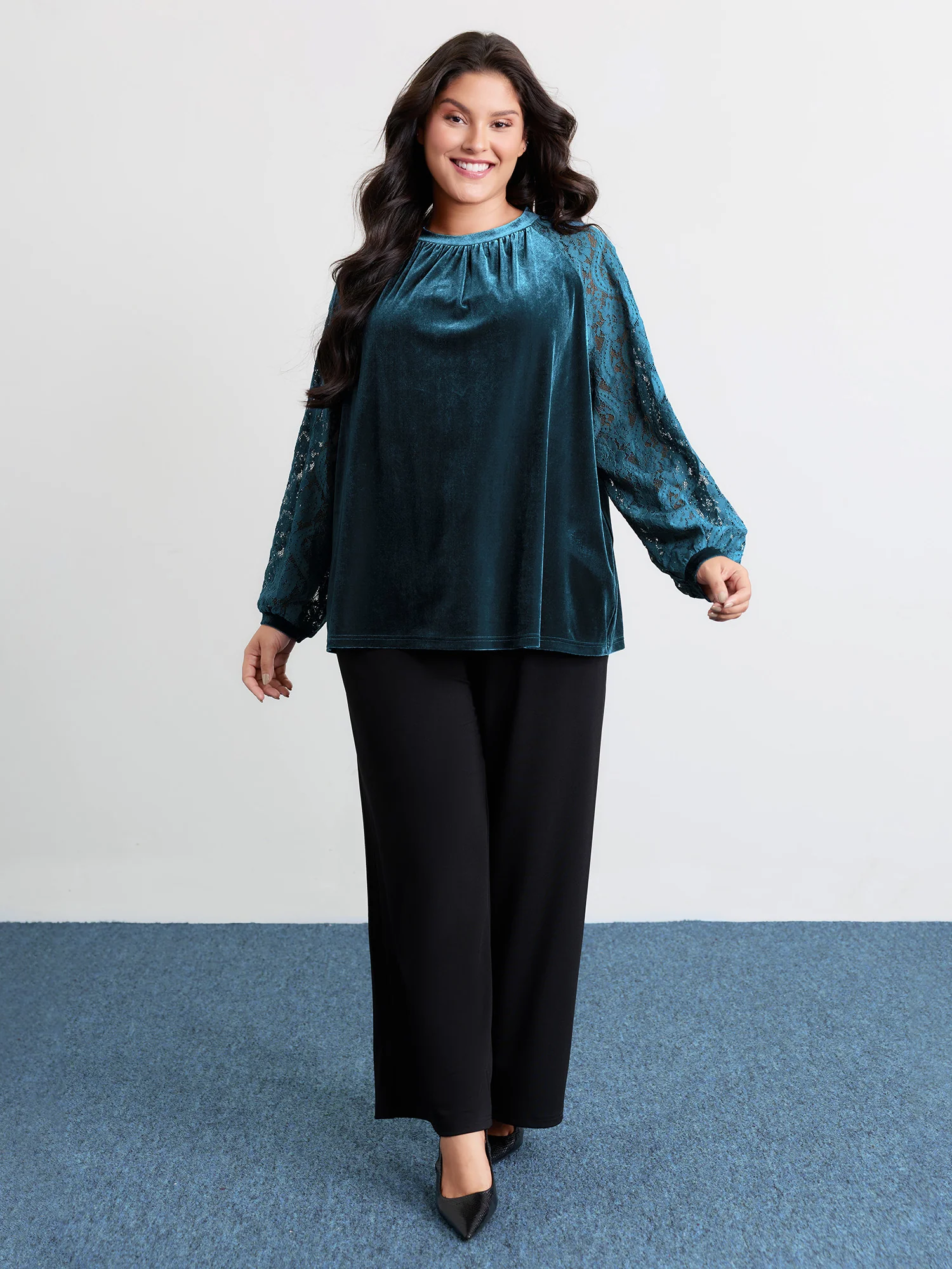 Velvet Sheer Lace Raglan Sleeve Blouse - Image 3