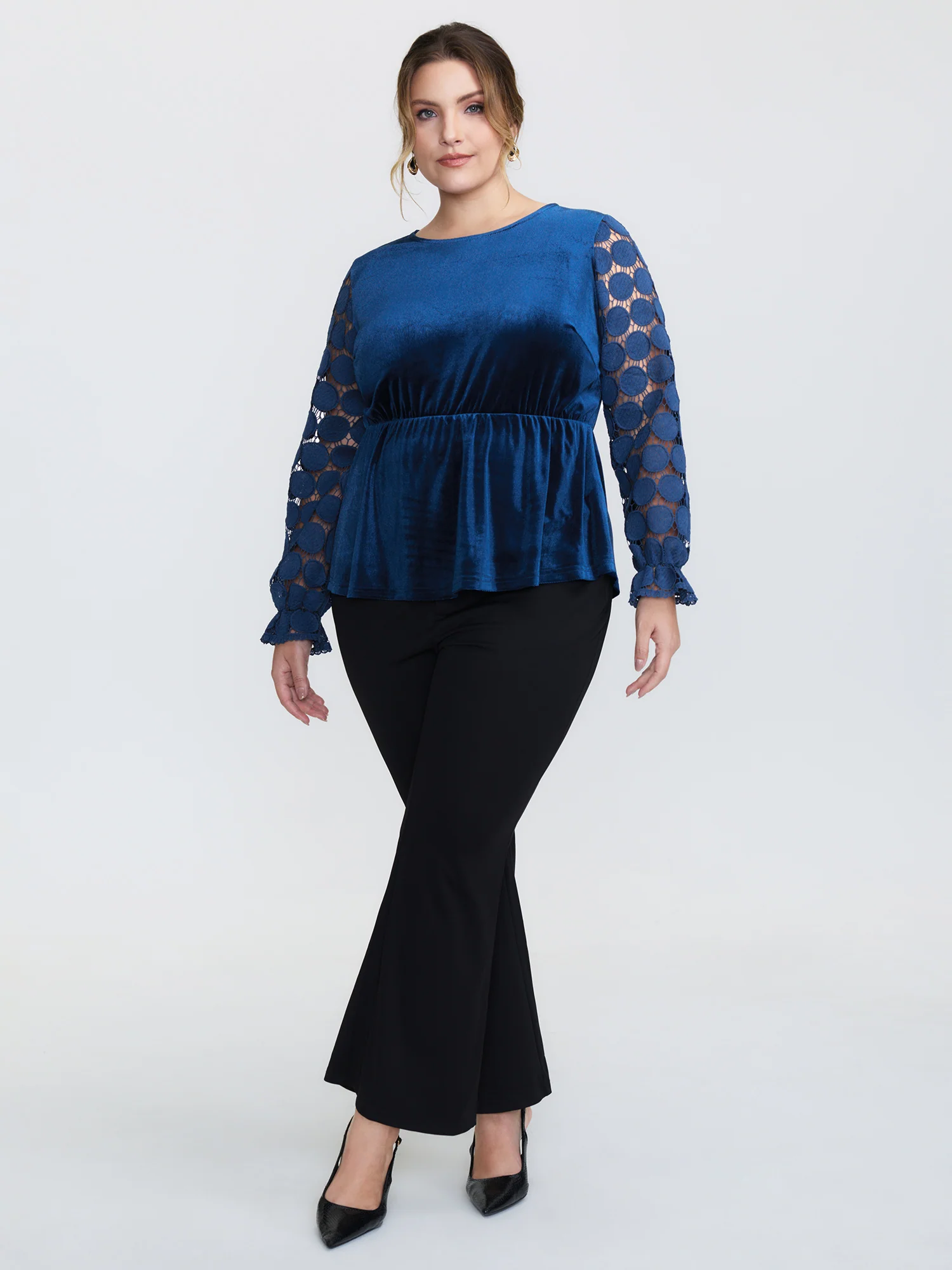 Velvet Sheer Lace Sleeve Flared Blouse - Image 3