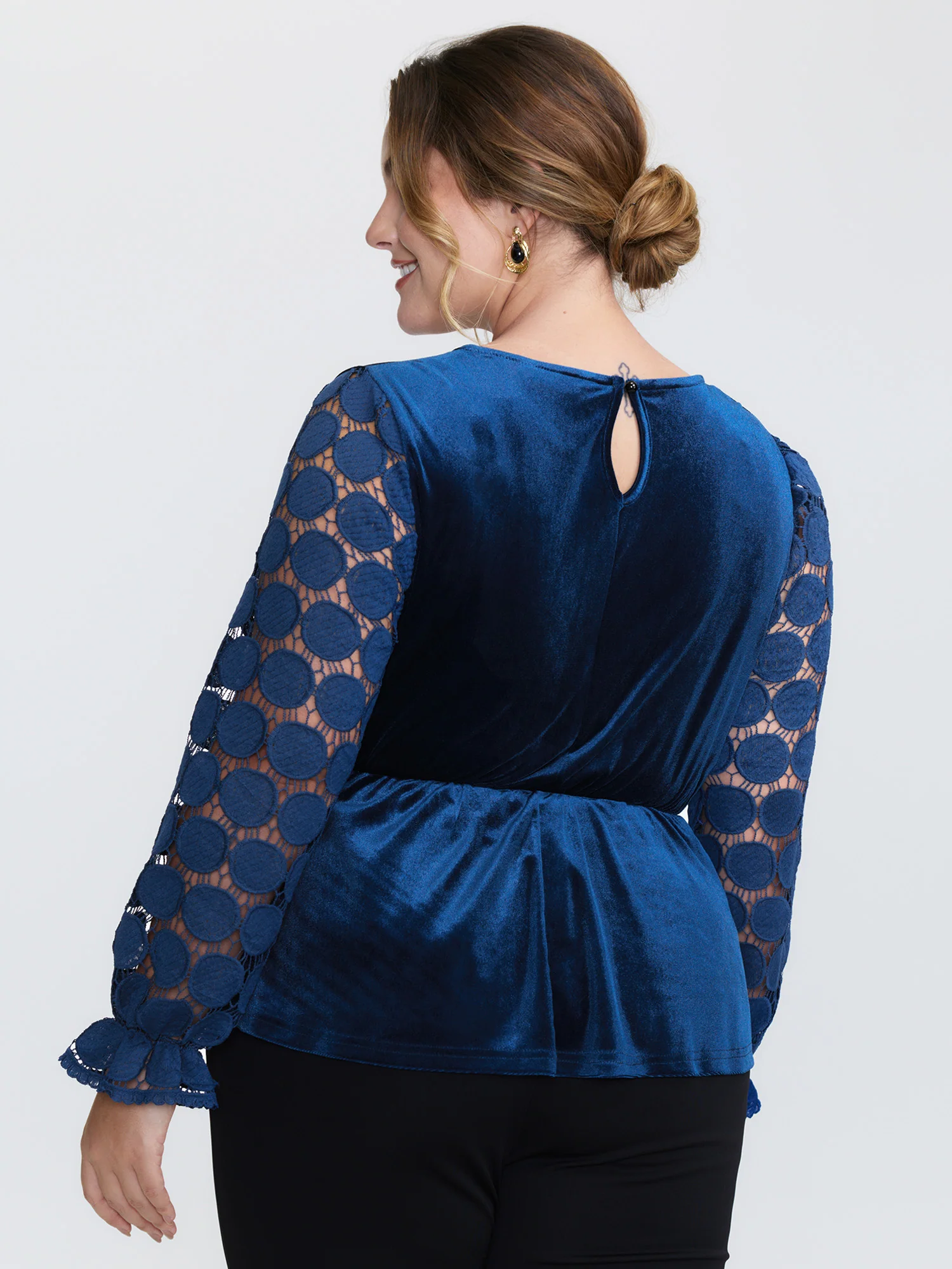 Velvet Sheer Lace Sleeve Flared Blouse - Image 4