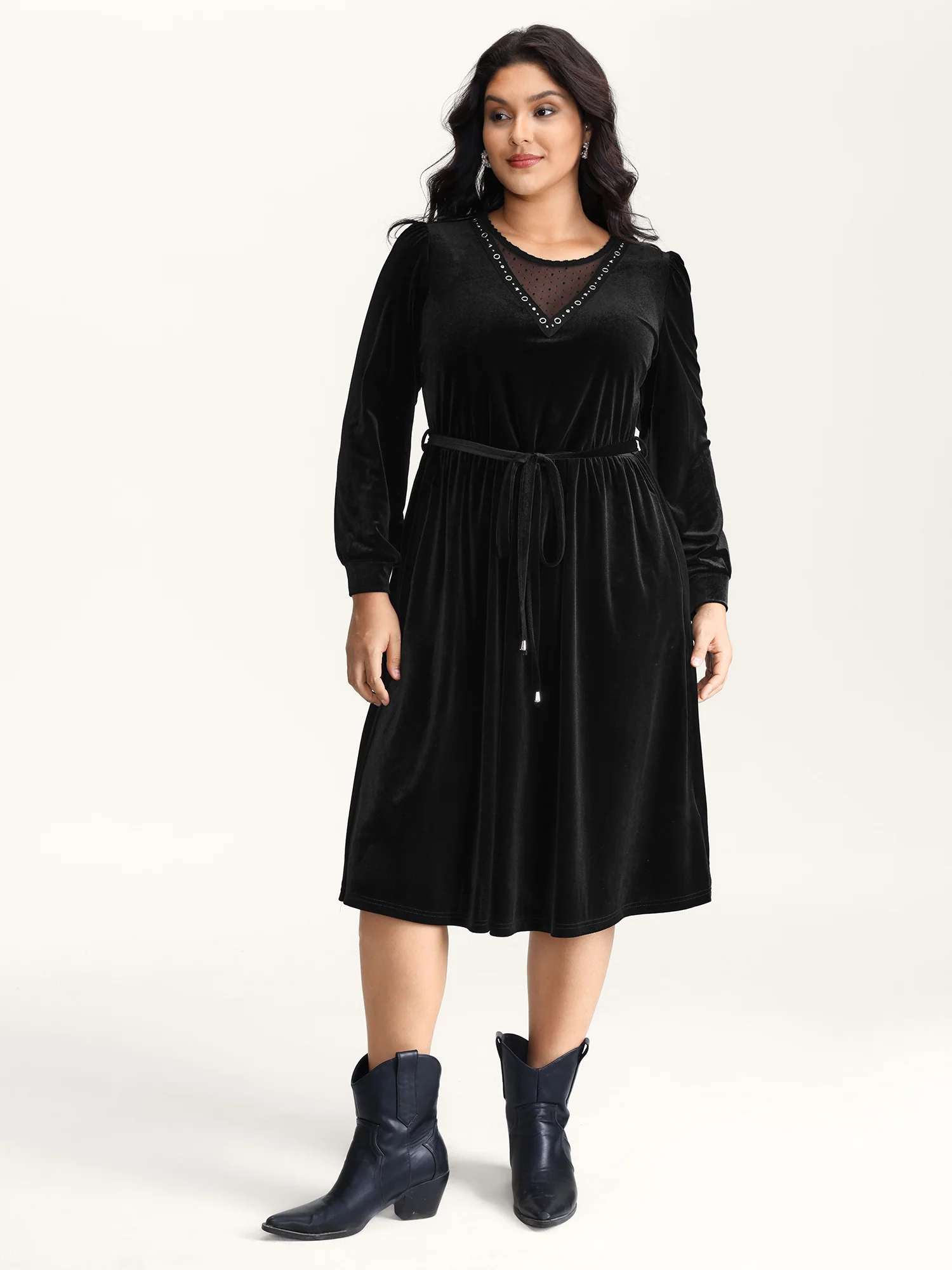 Velvet Sheer Neckline Belted Waist Maxi Dress - Image 3