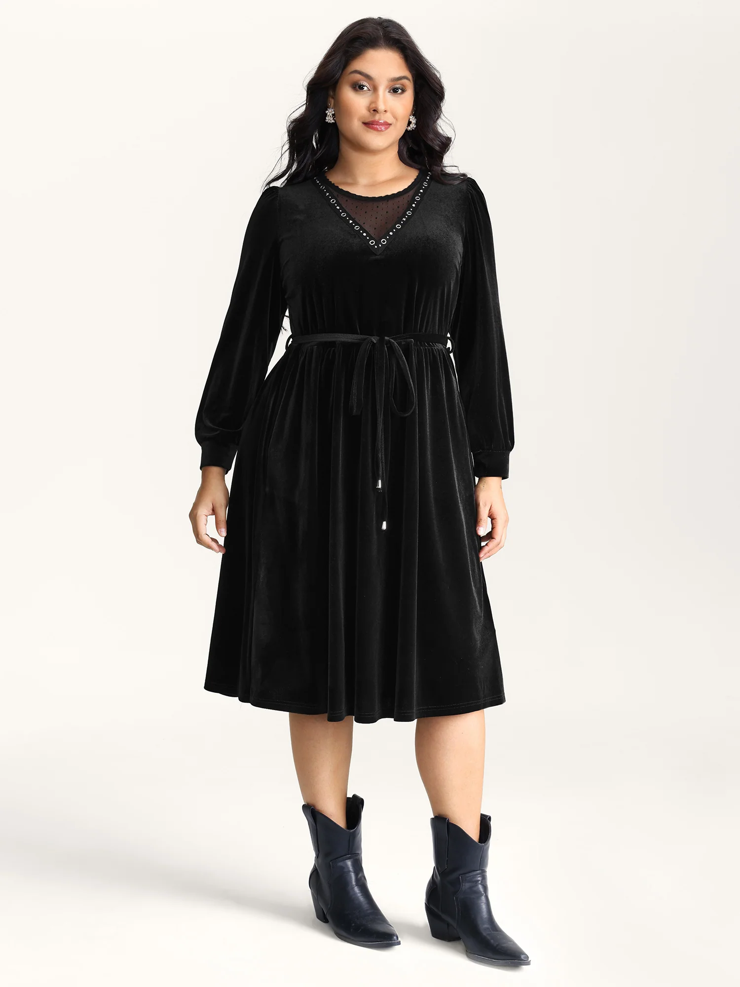 Velvet Sheer Neckline Belted Waist Maxi Dress - Image 4