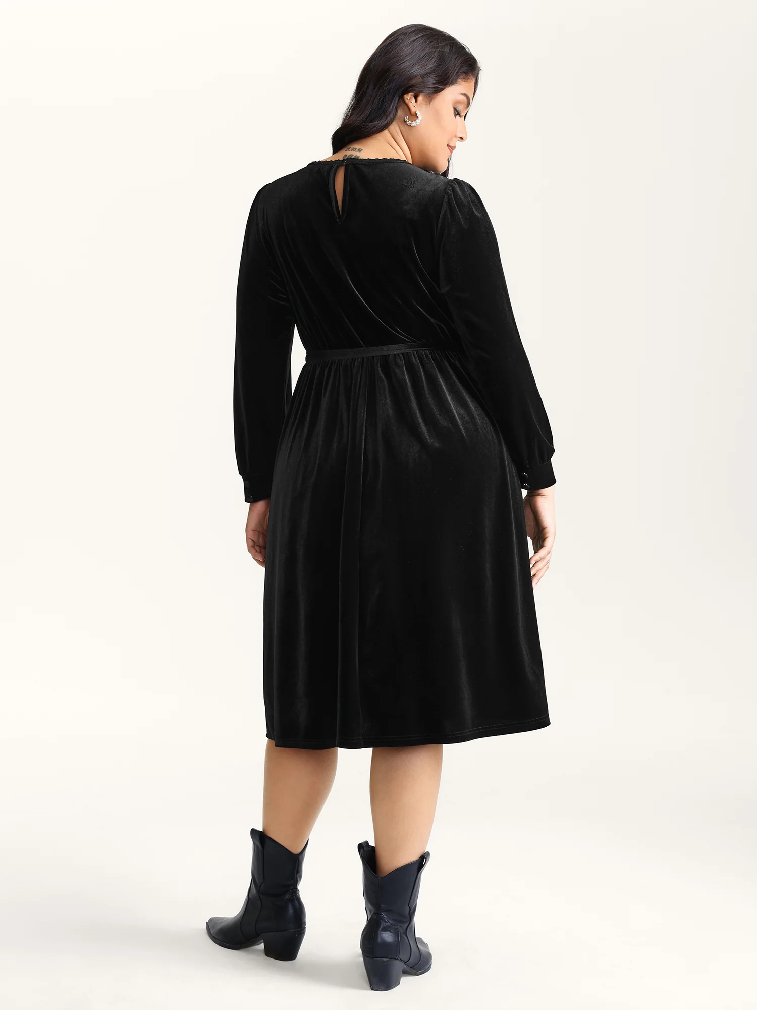 Velvet Sheer Neckline Belted Waist Maxi Dress - Image 5