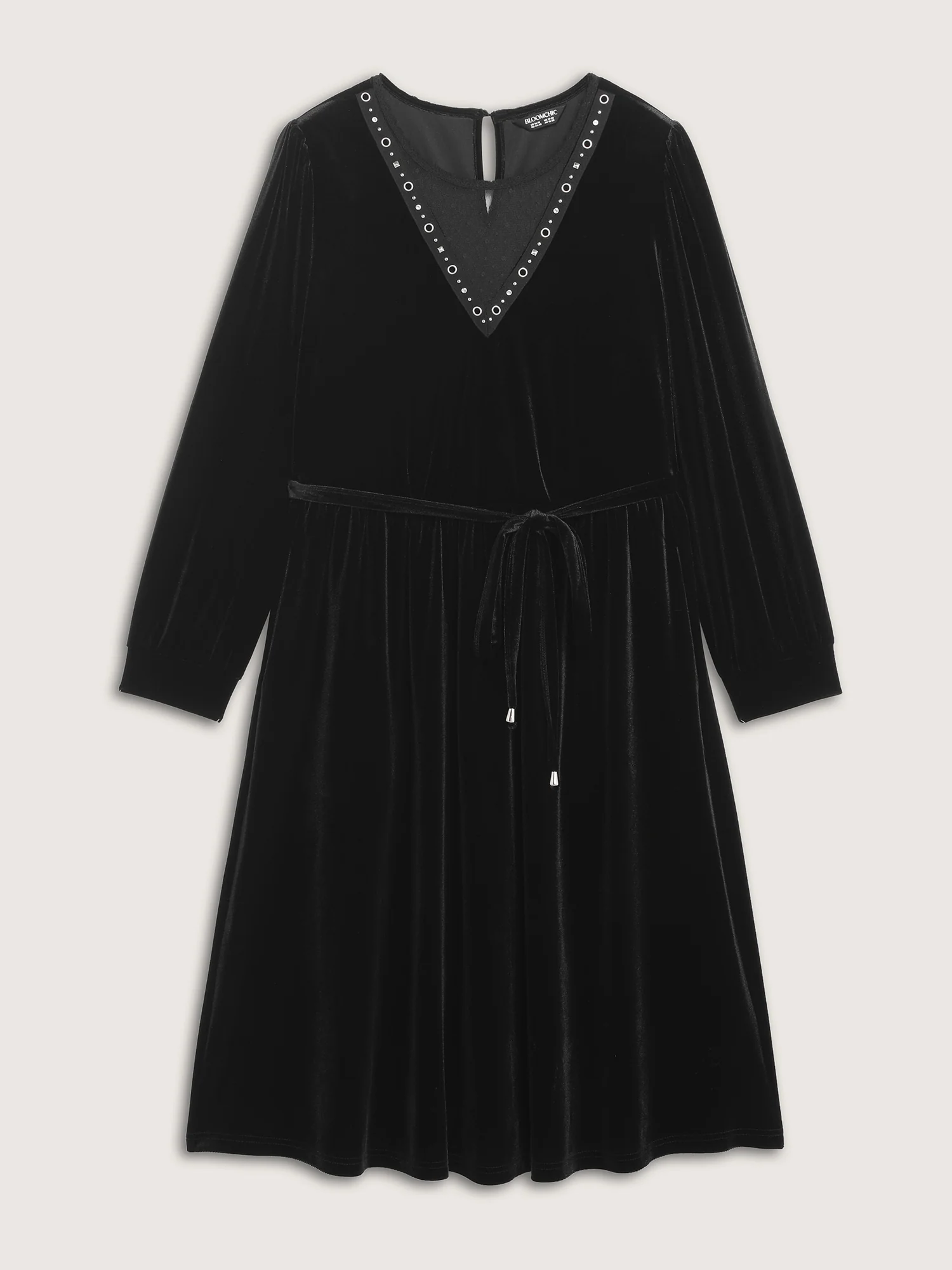 Velvet Sheer Neckline Belted Waist Maxi Dress - Image 8
