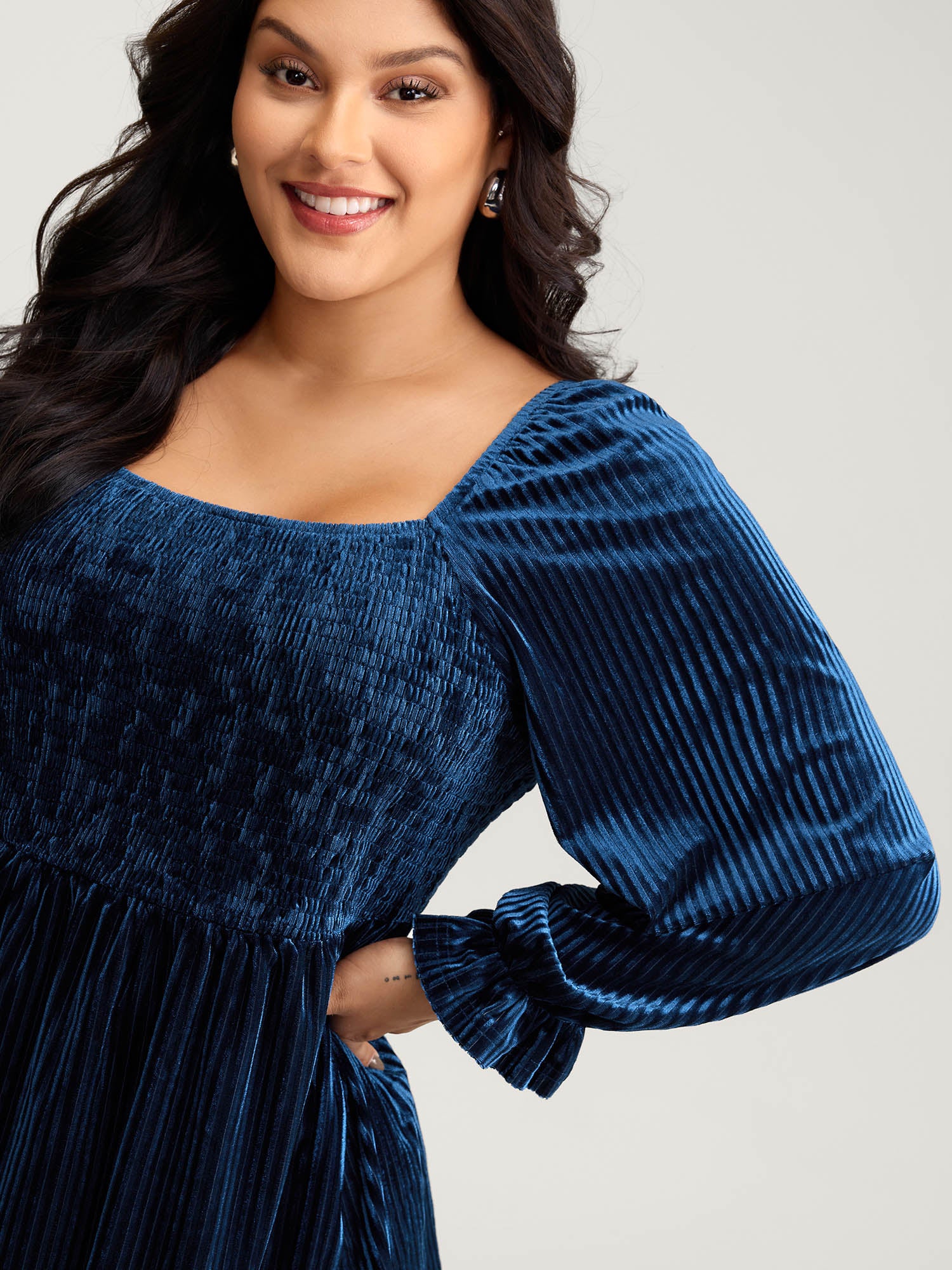 Velvet Shirred Bodice Stretchy Waist Blouse - Image 2