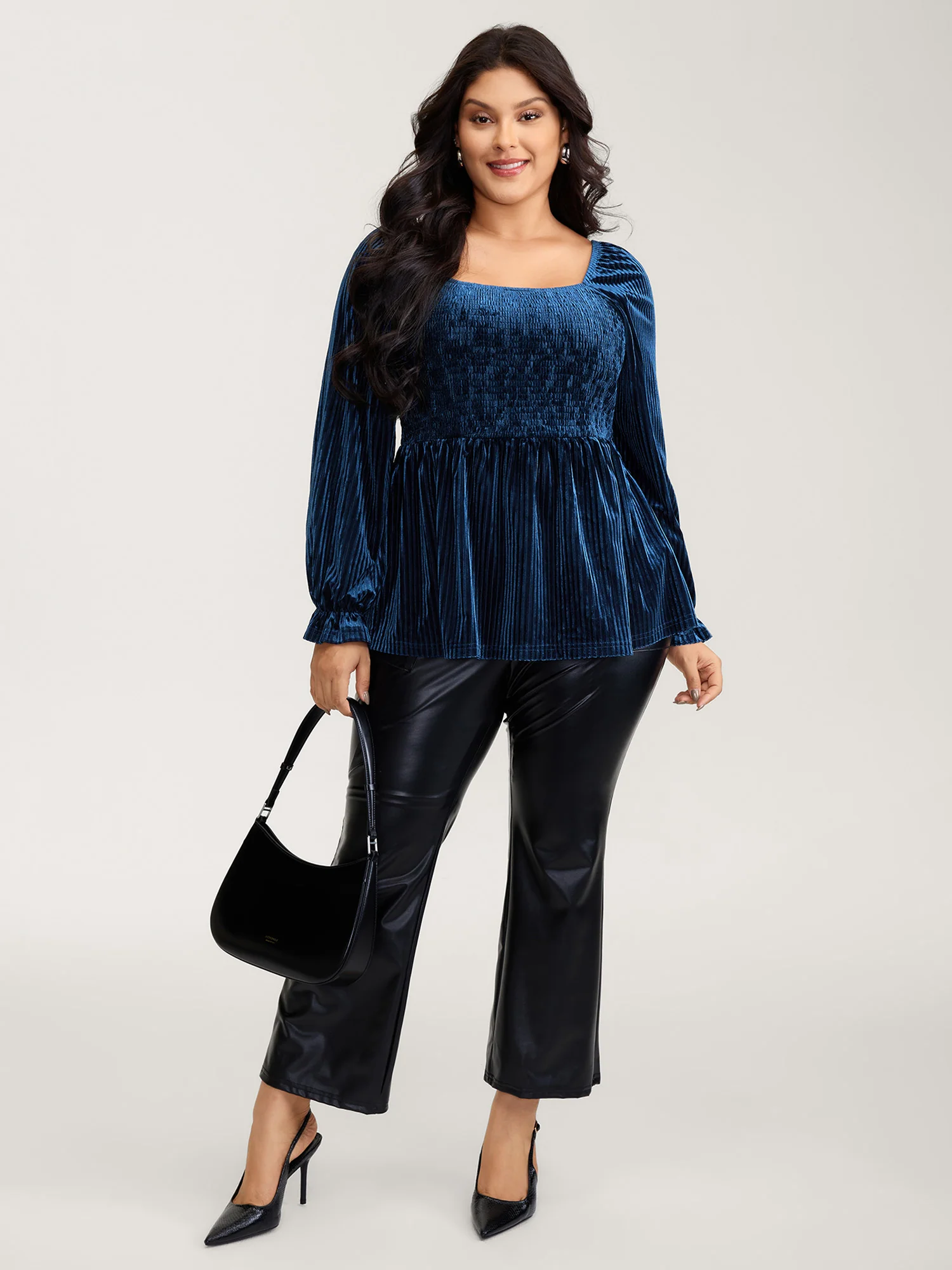 Velvet Shirred Bodice Stretchy Waist Blouse - Image 3