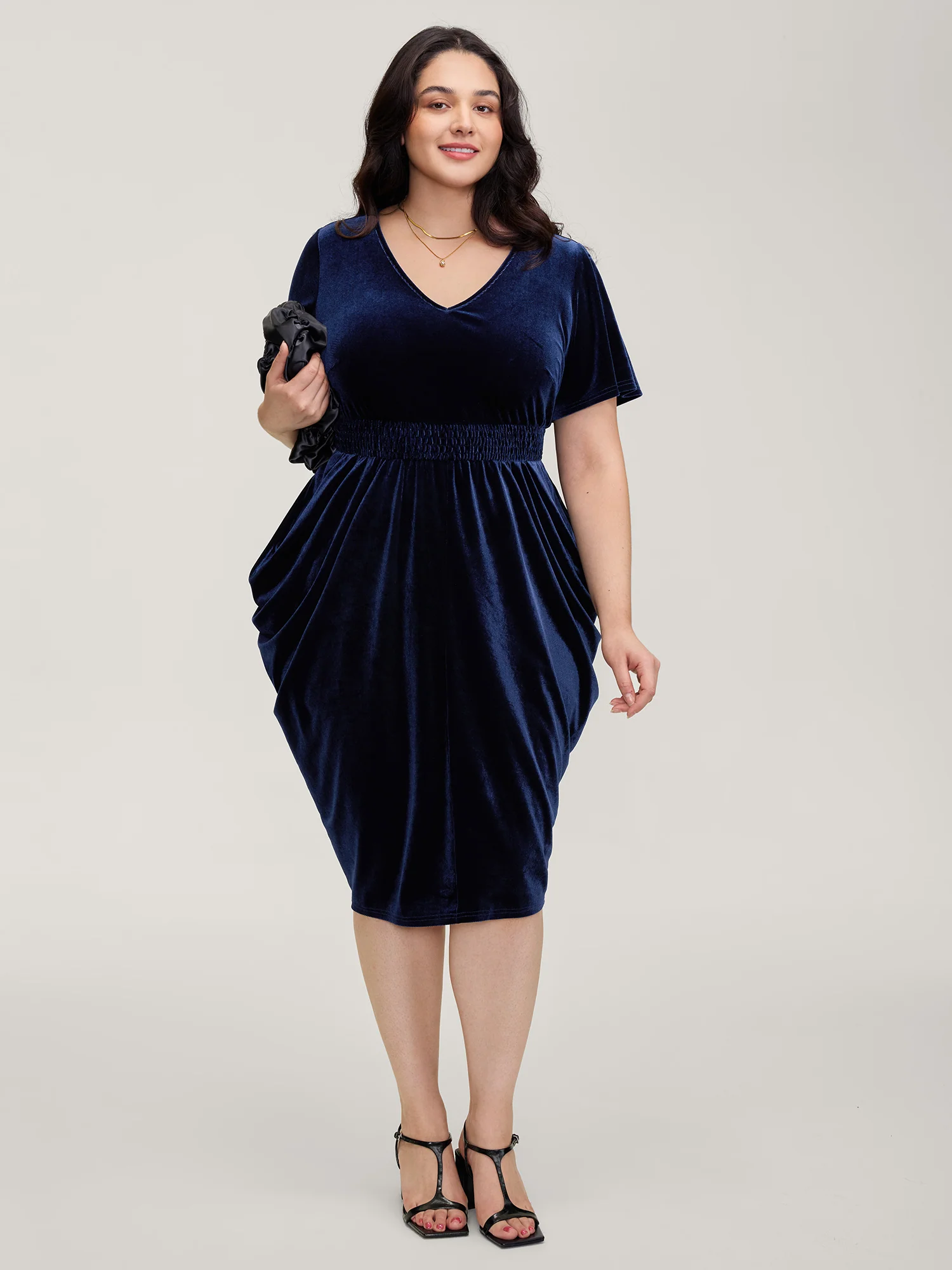 Velvet Shirred Waist Asymmetrical Hem Midi Dress - Image 2