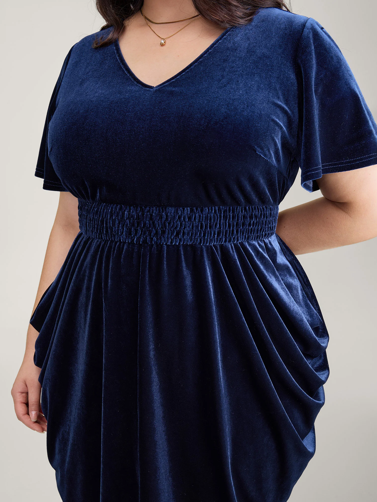 Velvet Shirred Waist Asymmetrical Hem Midi Dress - Image 3