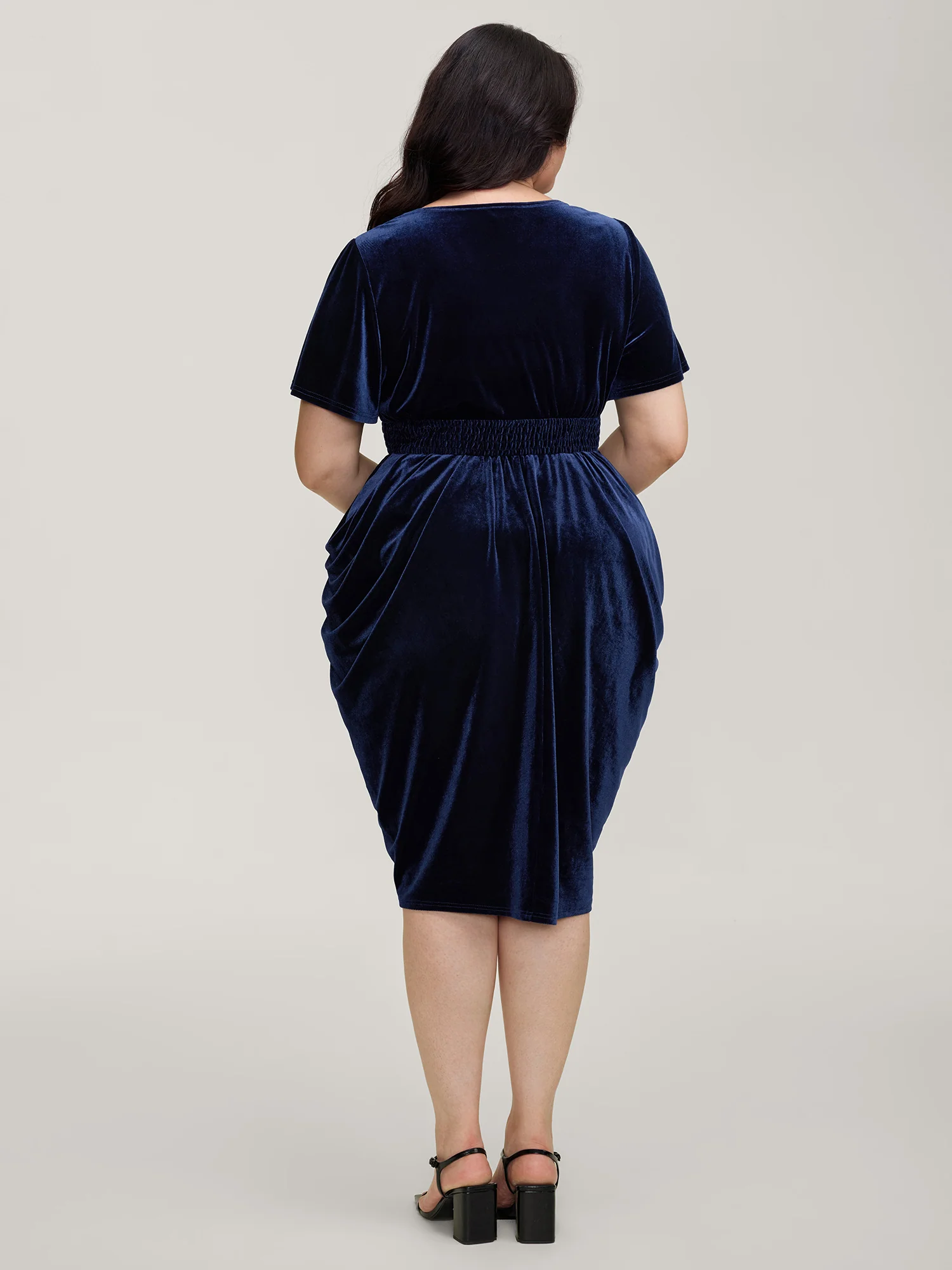 Velvet Shirred Waist Asymmetrical Hem Midi Dress - Image 4