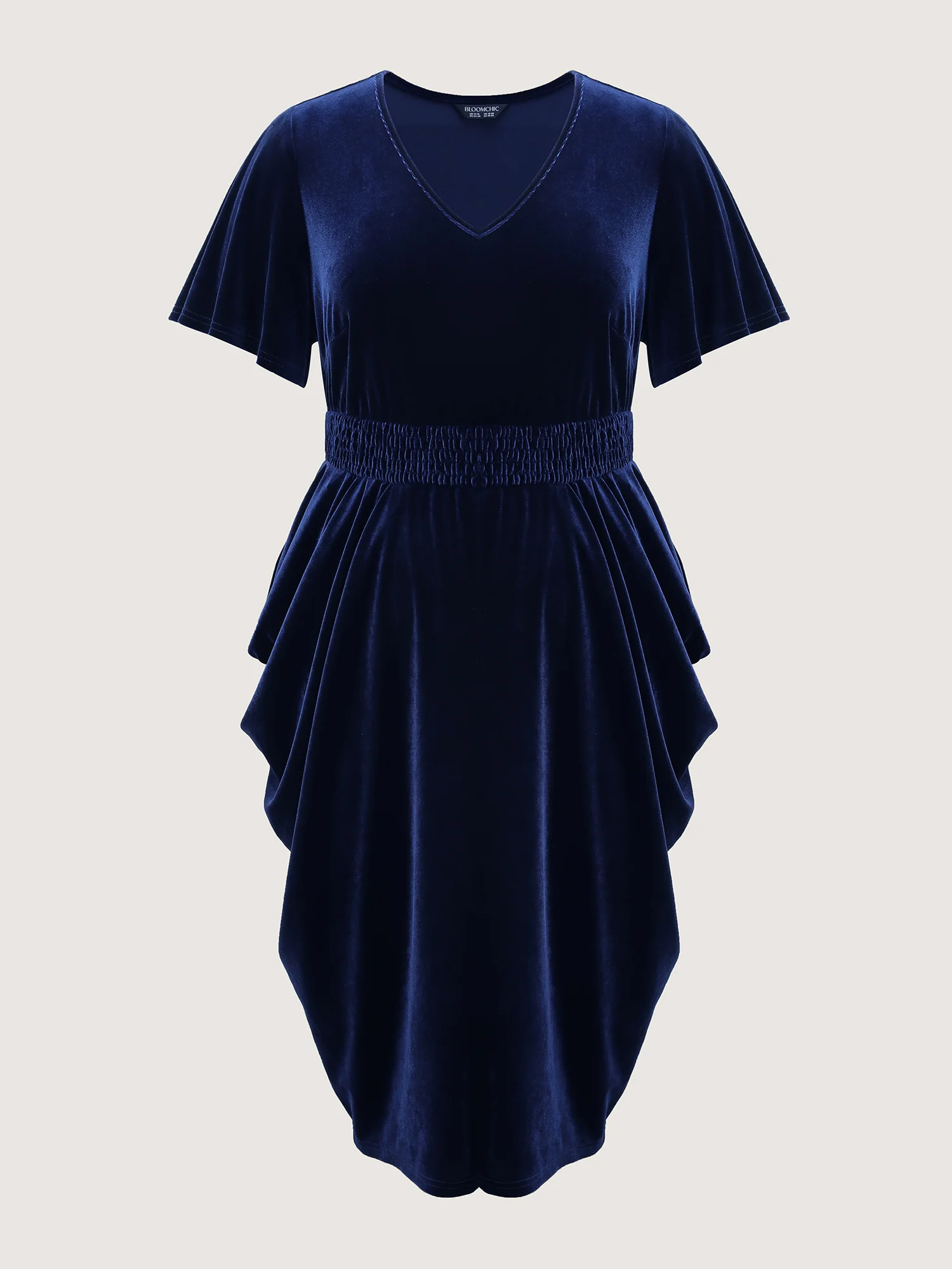 Velvet Shirred Waist Asymmetrical Hem Midi Dress - Image 7