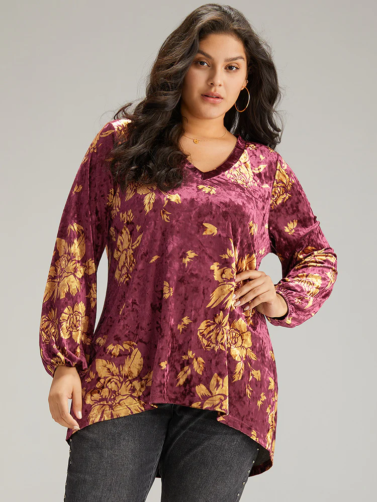 Velvet Silhouette Floral Print Lantern Sleeve T-shirt - Image 2